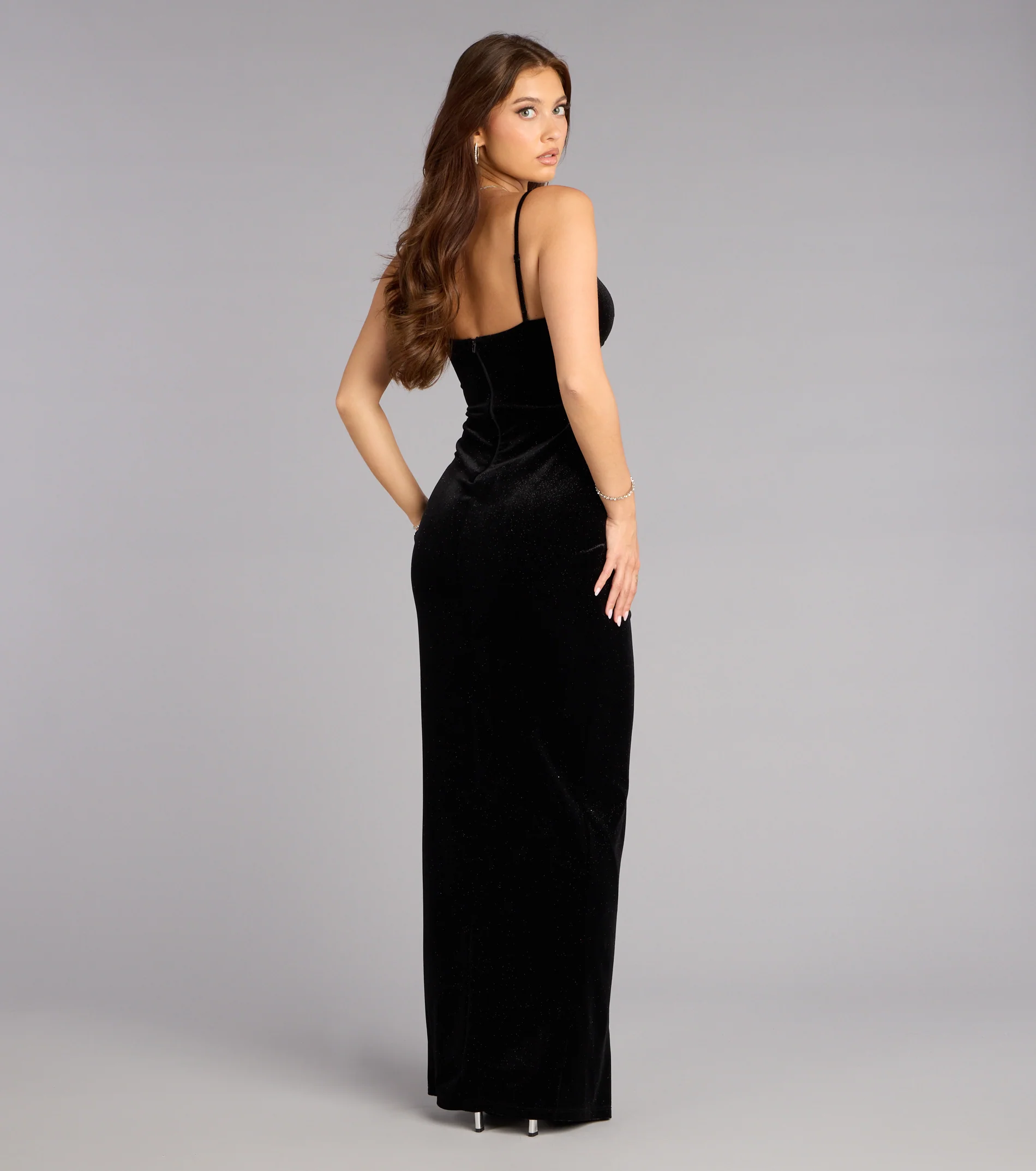 Shay Glitter Velvet Slit Formal Dress