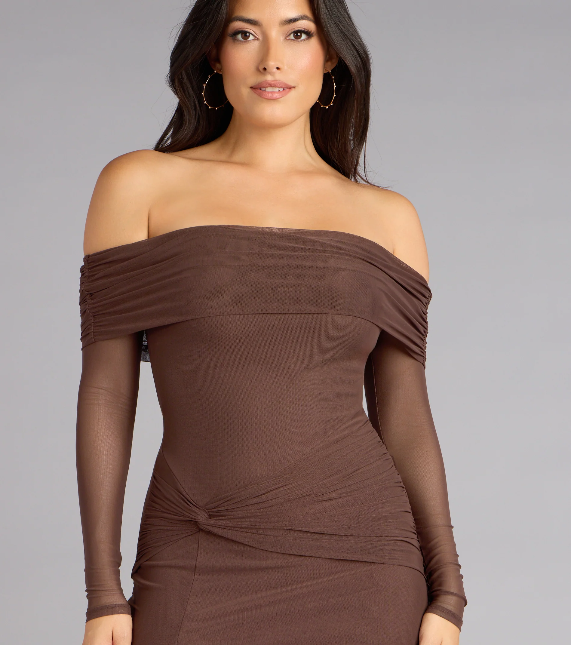 Sandy Off-The-Shoulder Mesh Formal Dress