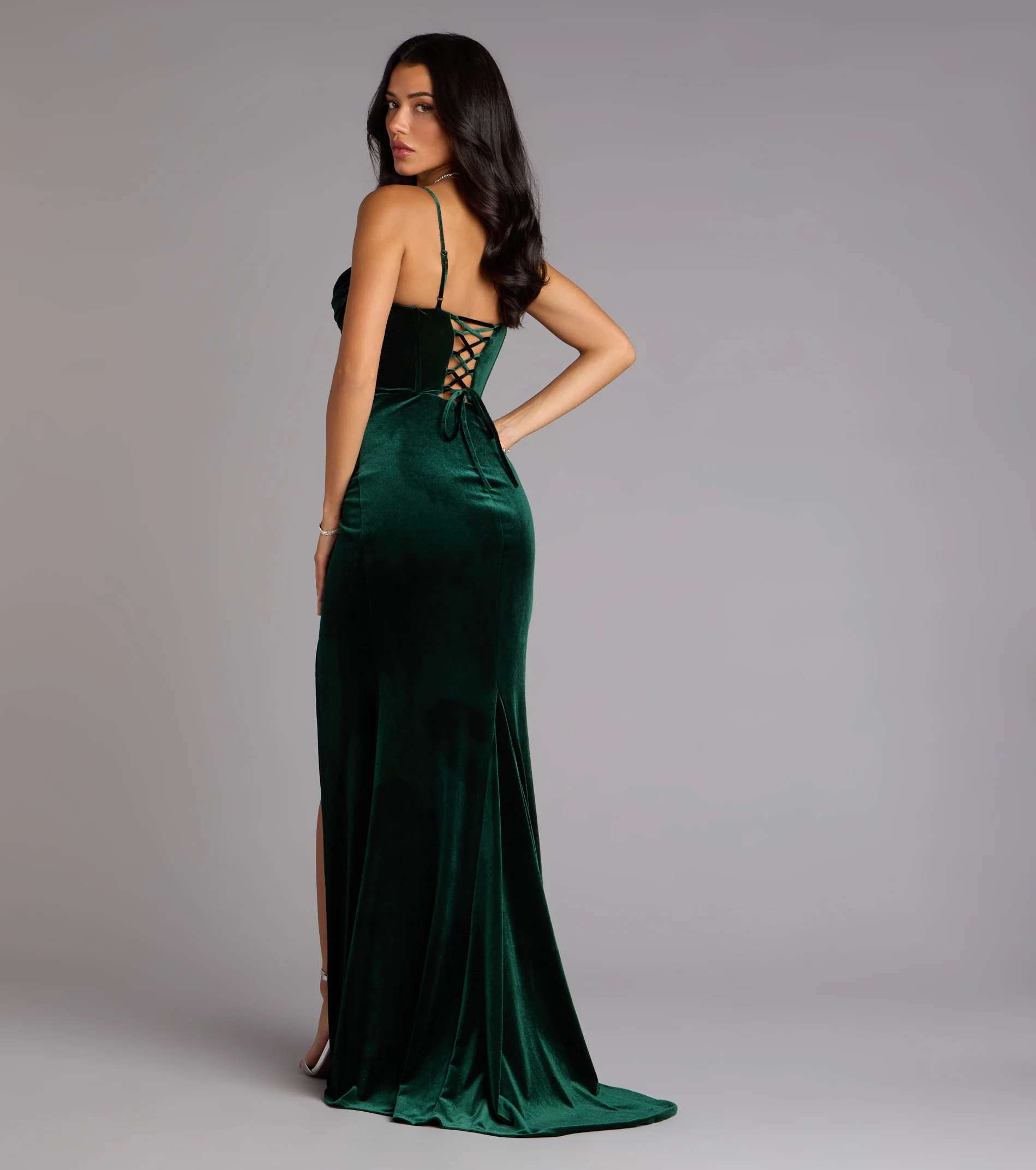 Helga Velvet Lace-Up Slit Mermaid Dress