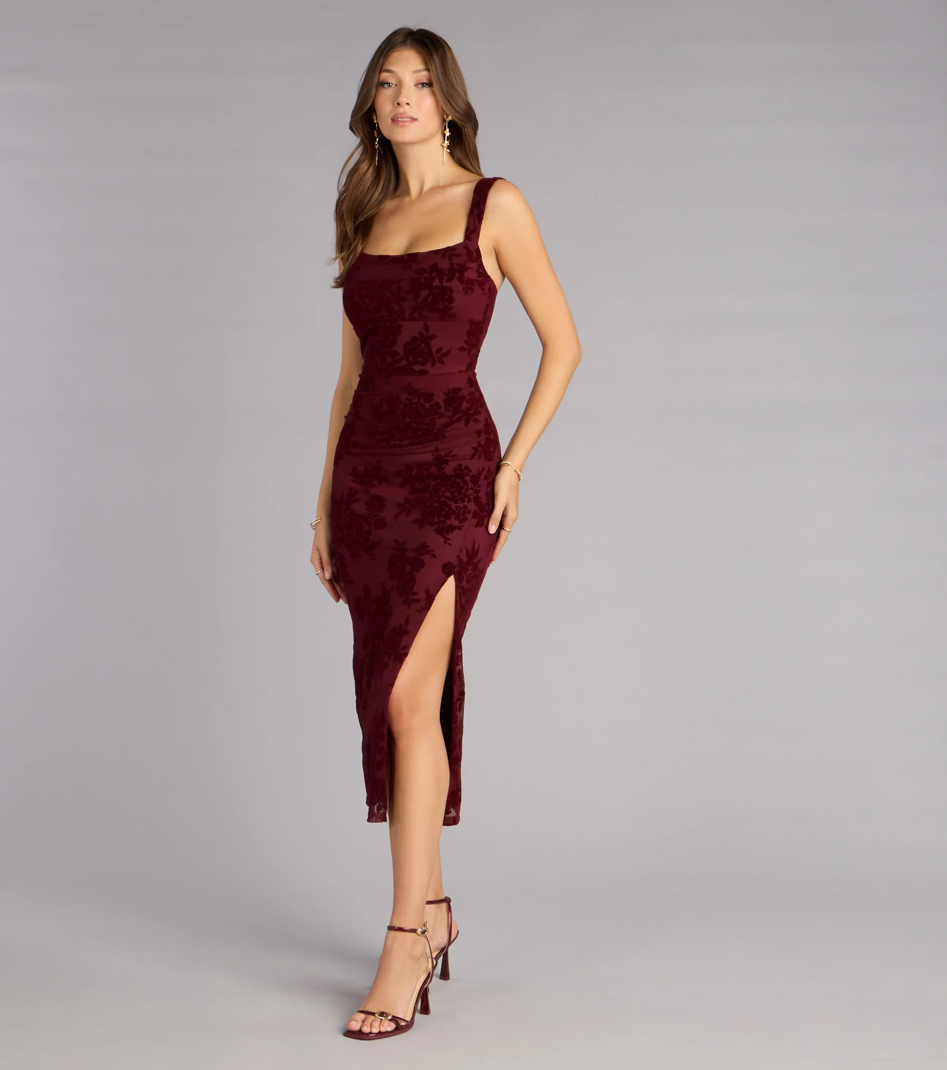 Emme Flocked Velvet Midi Formal Dress