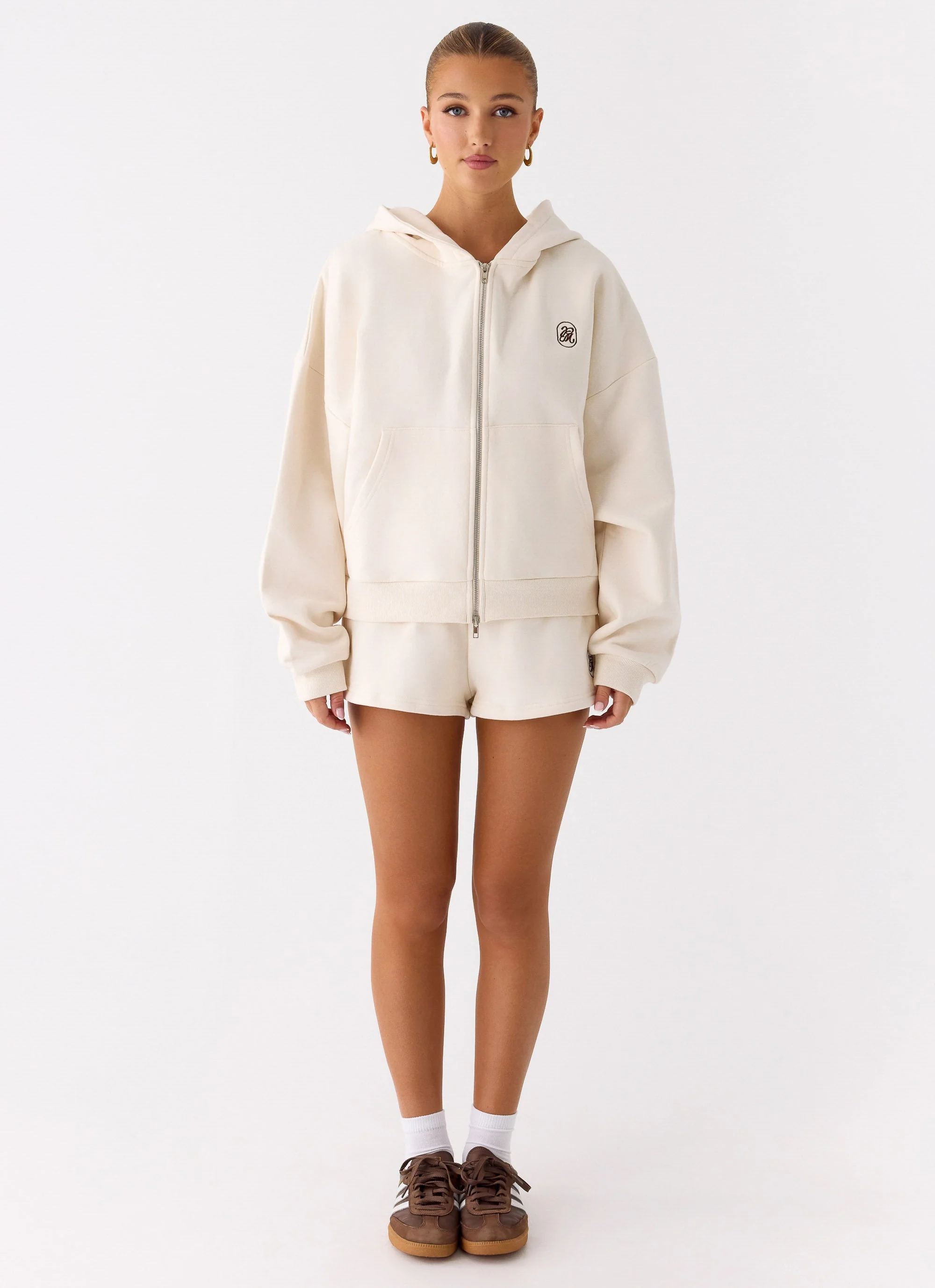 Signature Double Zip Up Hoodie - Cream