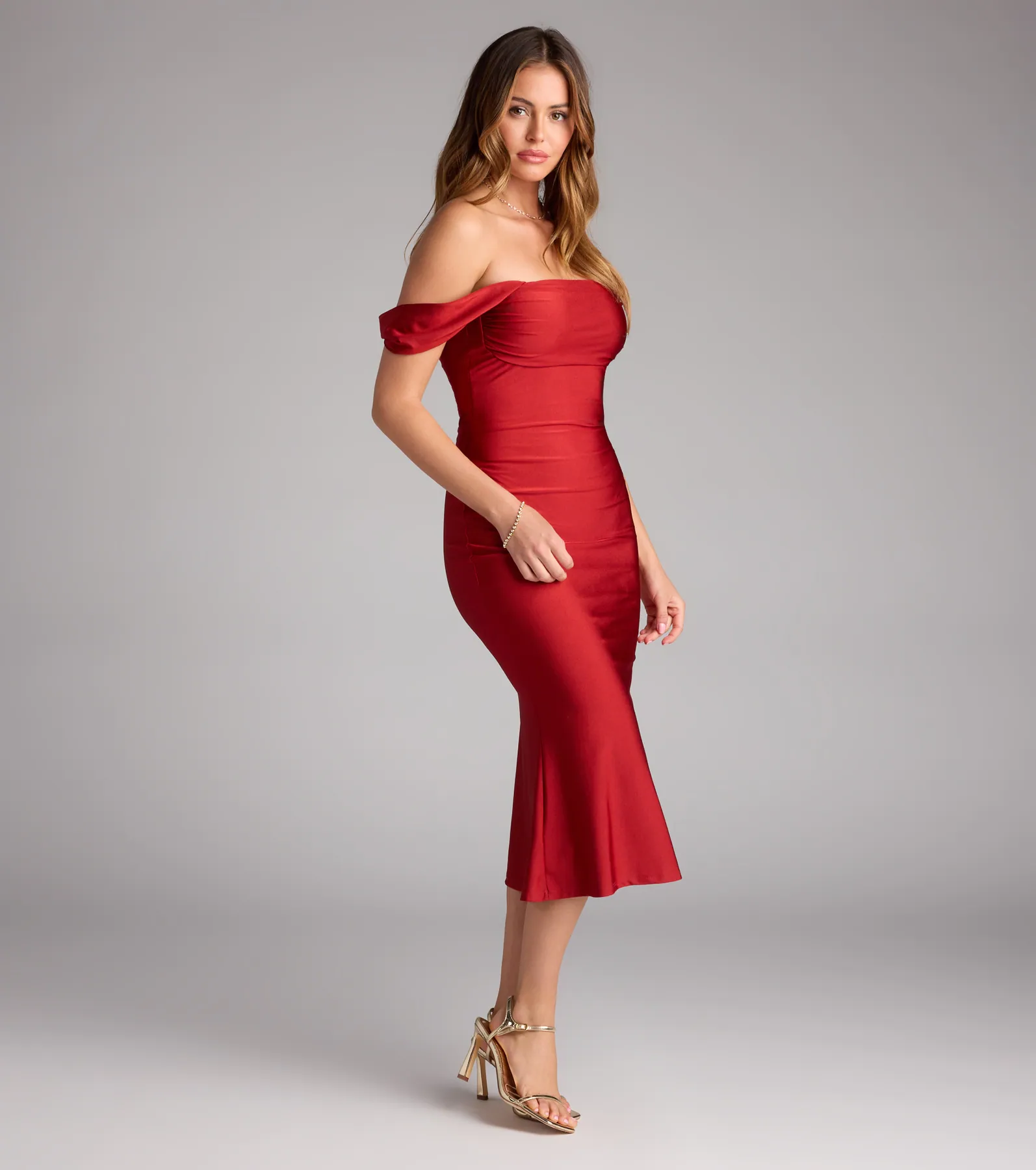 Exceptional Off-The-Shoulder Flared Midi Dress