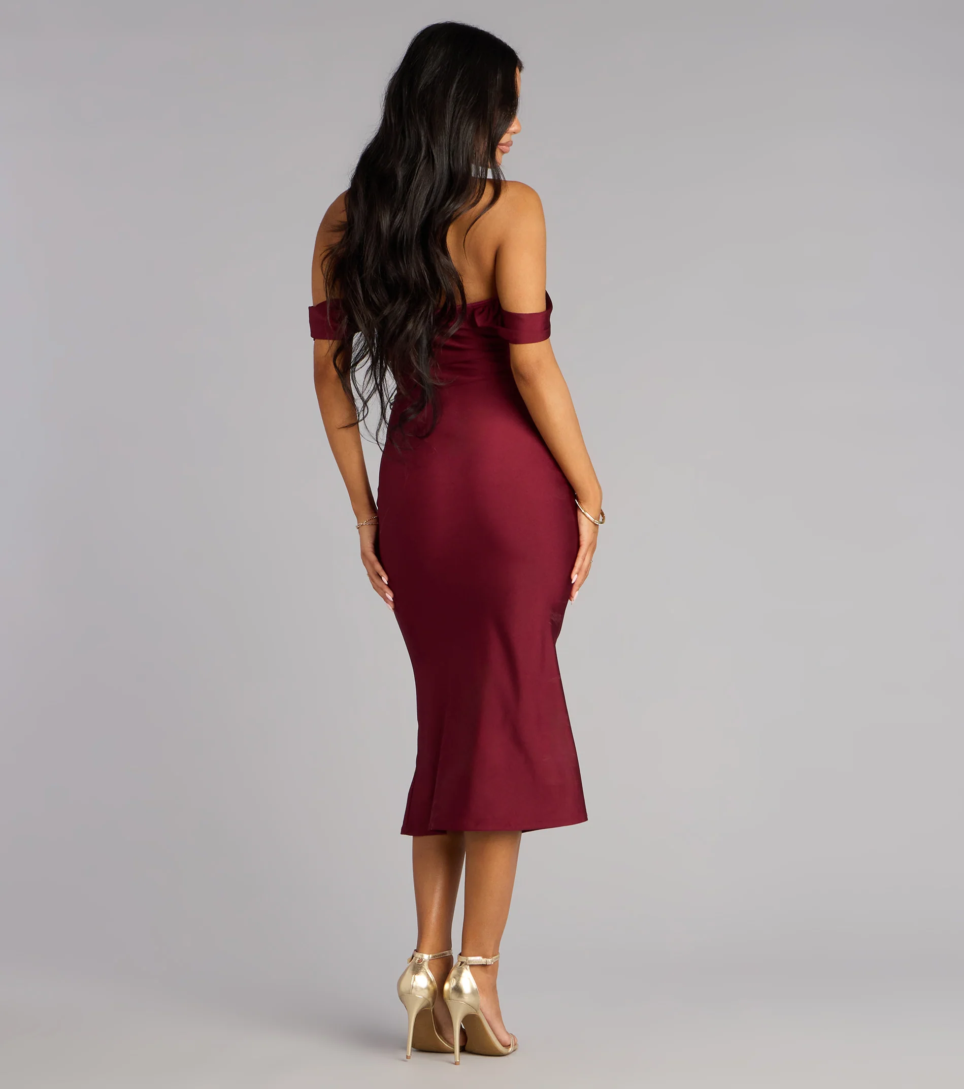Exceptional Off-The-Shoulder Flared Midi Dress