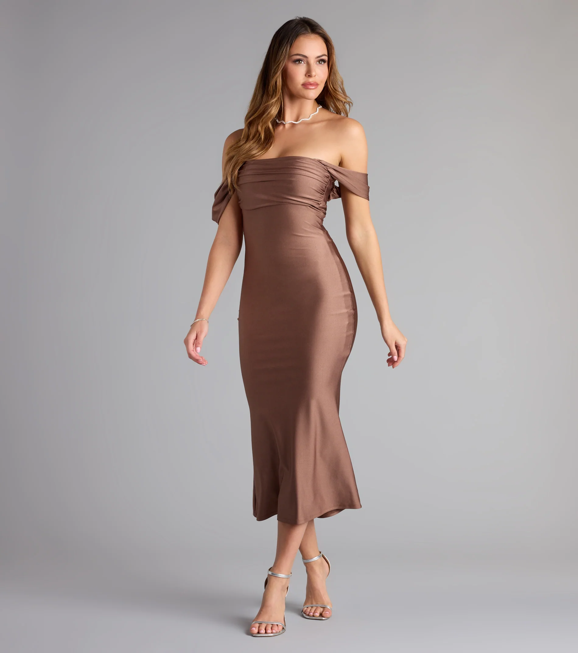 Exceptional Off-The-Shoulder Flared Midi Dress