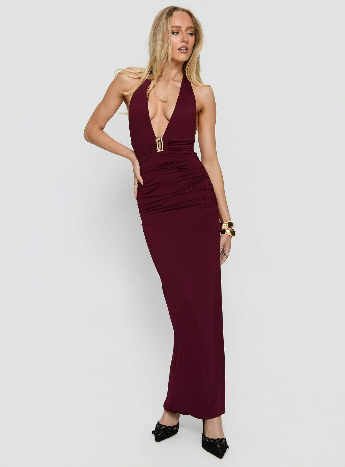 Best In Show Halter Hardware Maxi Dress Burgundy
