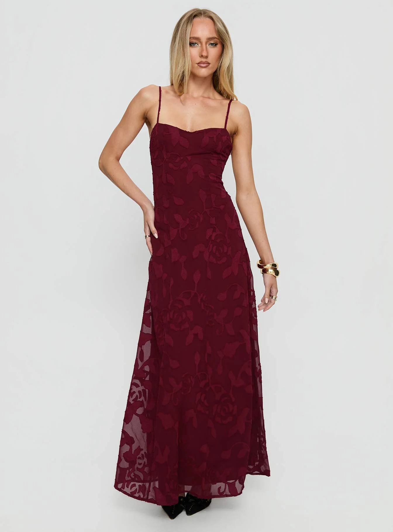 Leading Lady Sweetheart Maxi Dress Red Floral Burnout