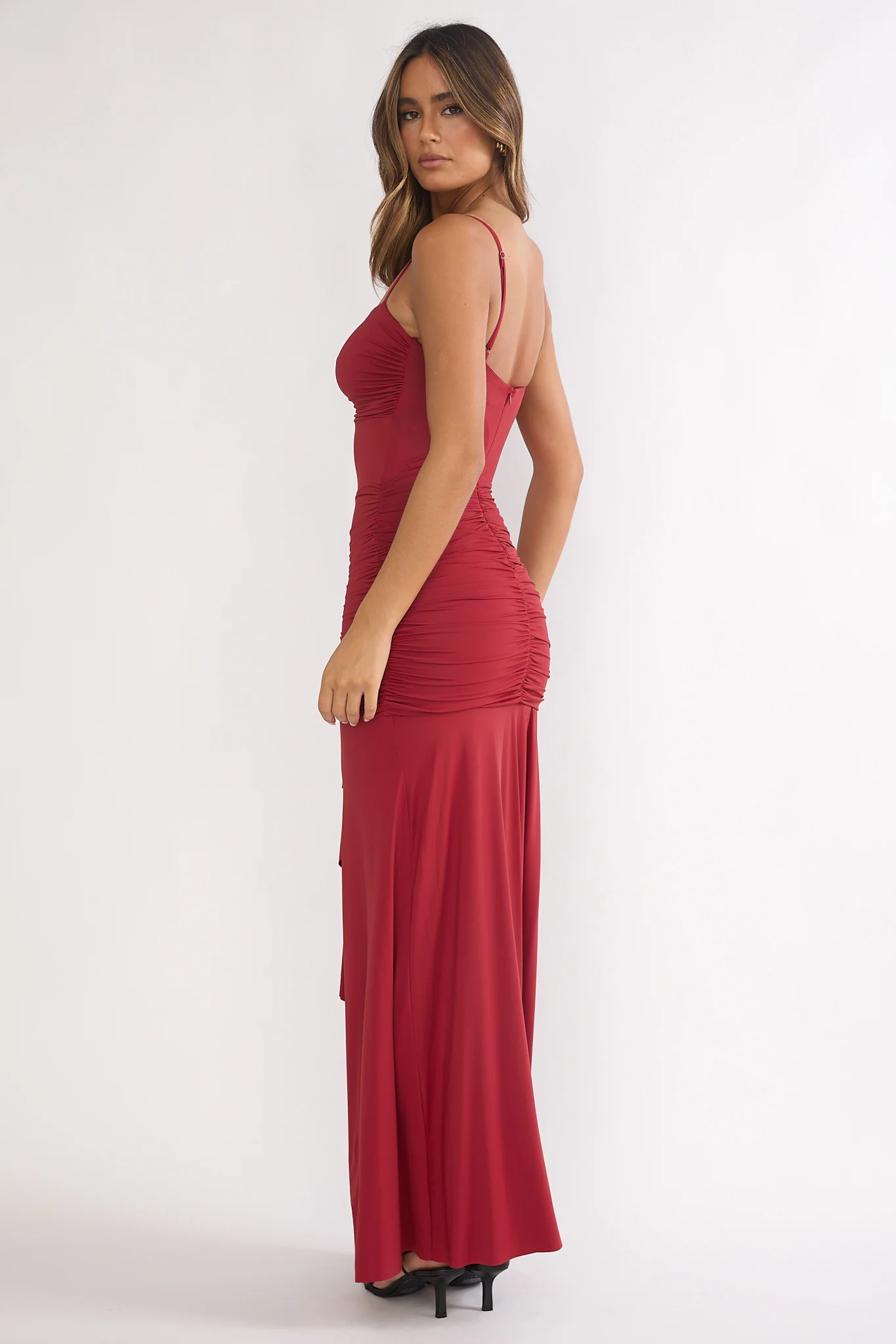 Lunara Ruched Cascade Sash Dress Wine