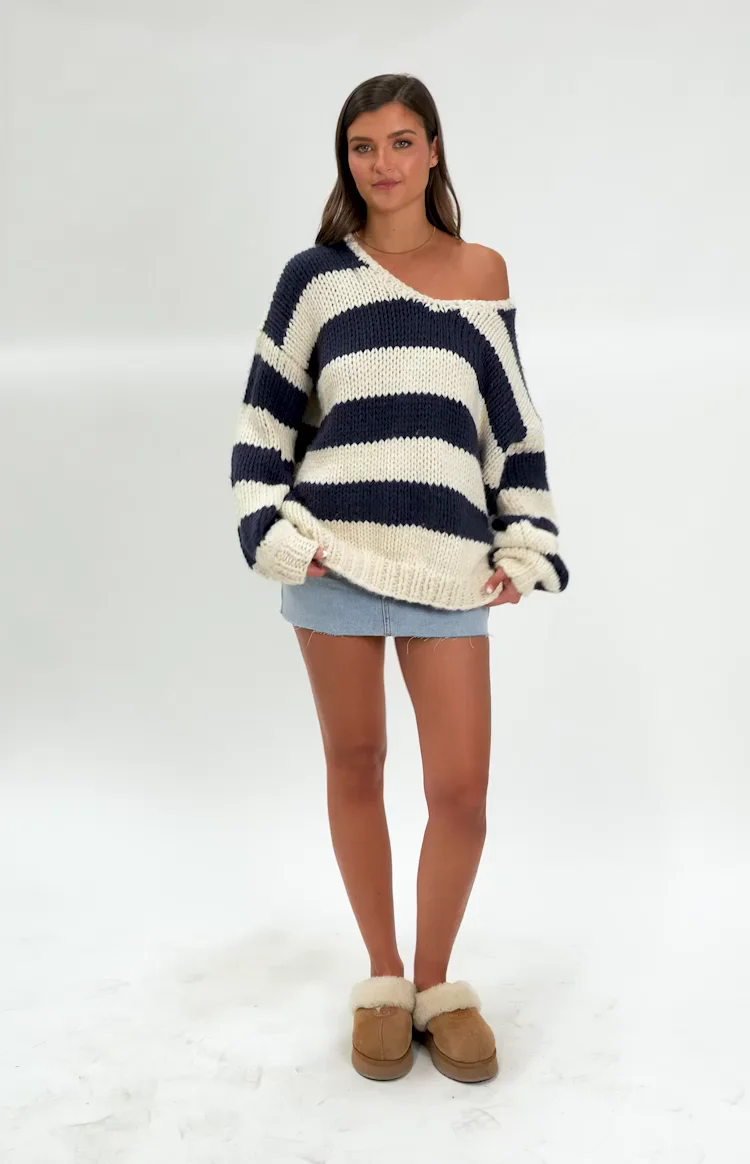 Navy Striped Chunky Knit Sweater
