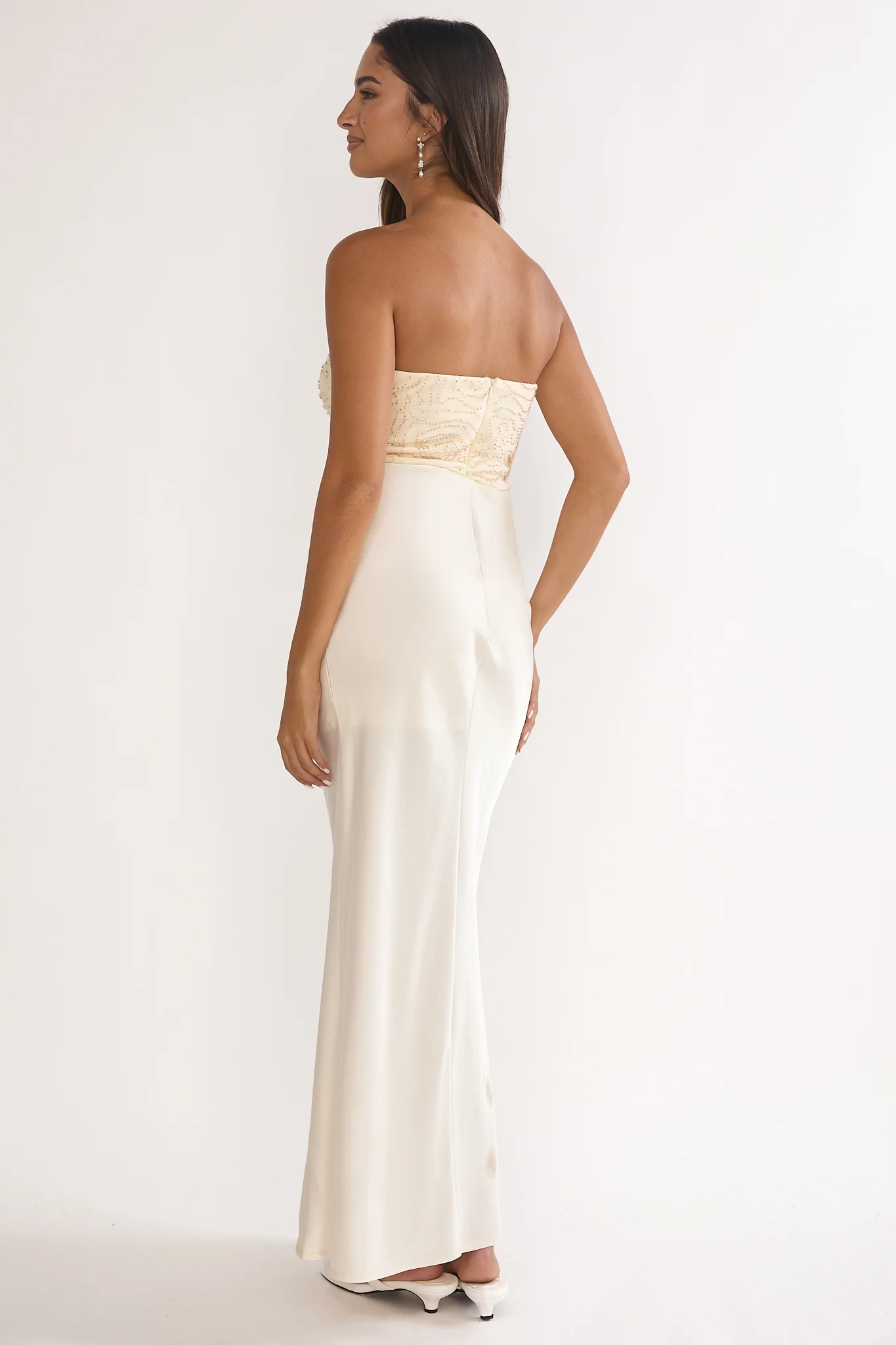 At Dusk Beaded Bust Strapless Maxi Dress Oyster