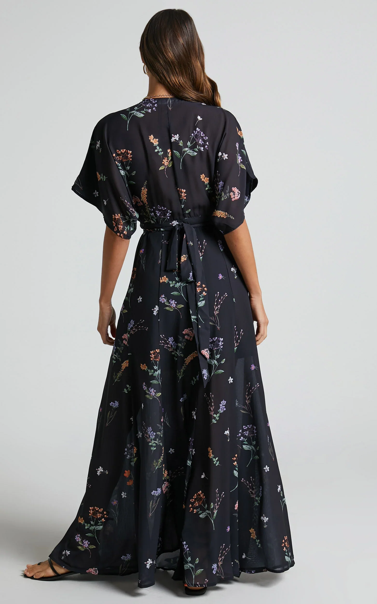 Erenza Maxi Dress - Extended Sleeve Wrap Dress in Black Flower Field