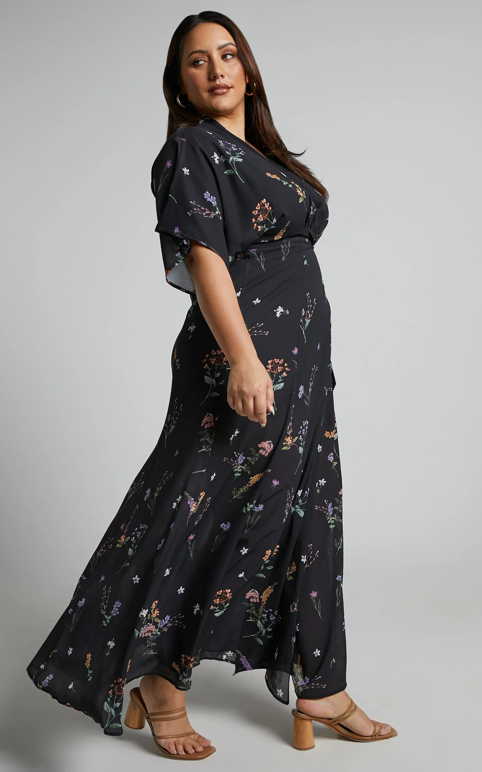 Erenza Maxi Dress - Extended Sleeve Wrap Dress in Black Flower Field