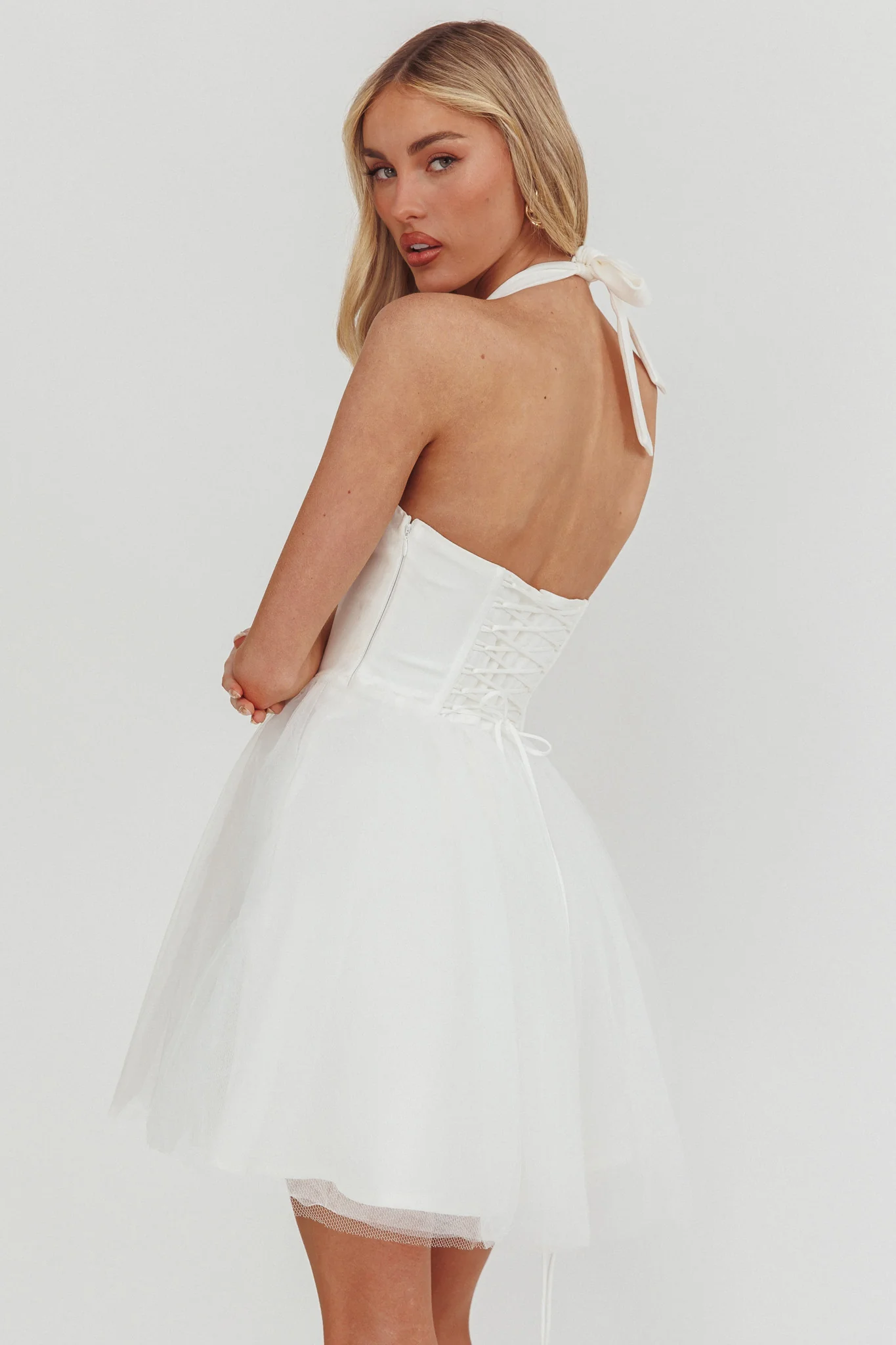 Princessa Sweetheart Neckline Halter Mini Dress White