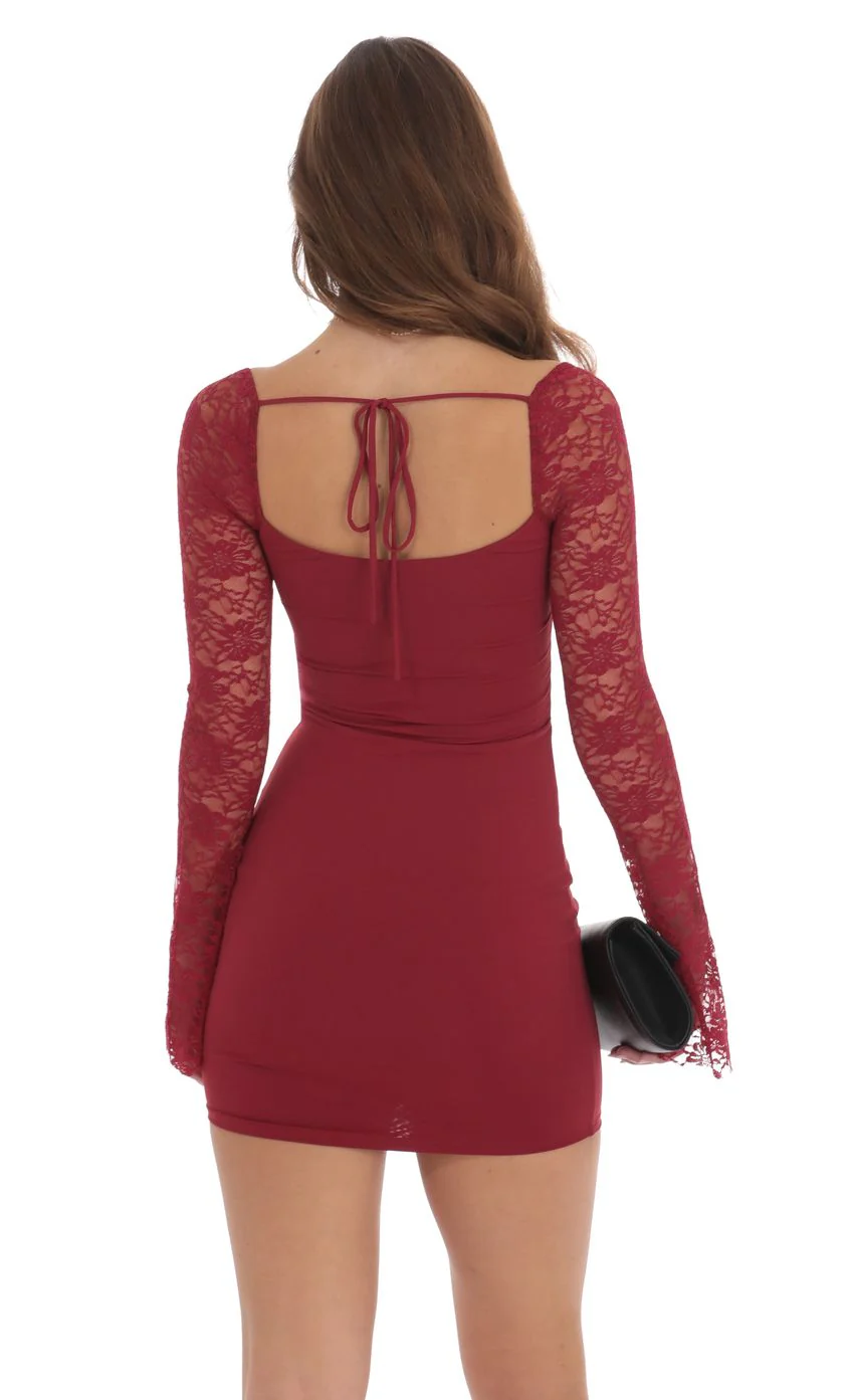 Lace Long Sleeve Bodycon Dress in Maroon