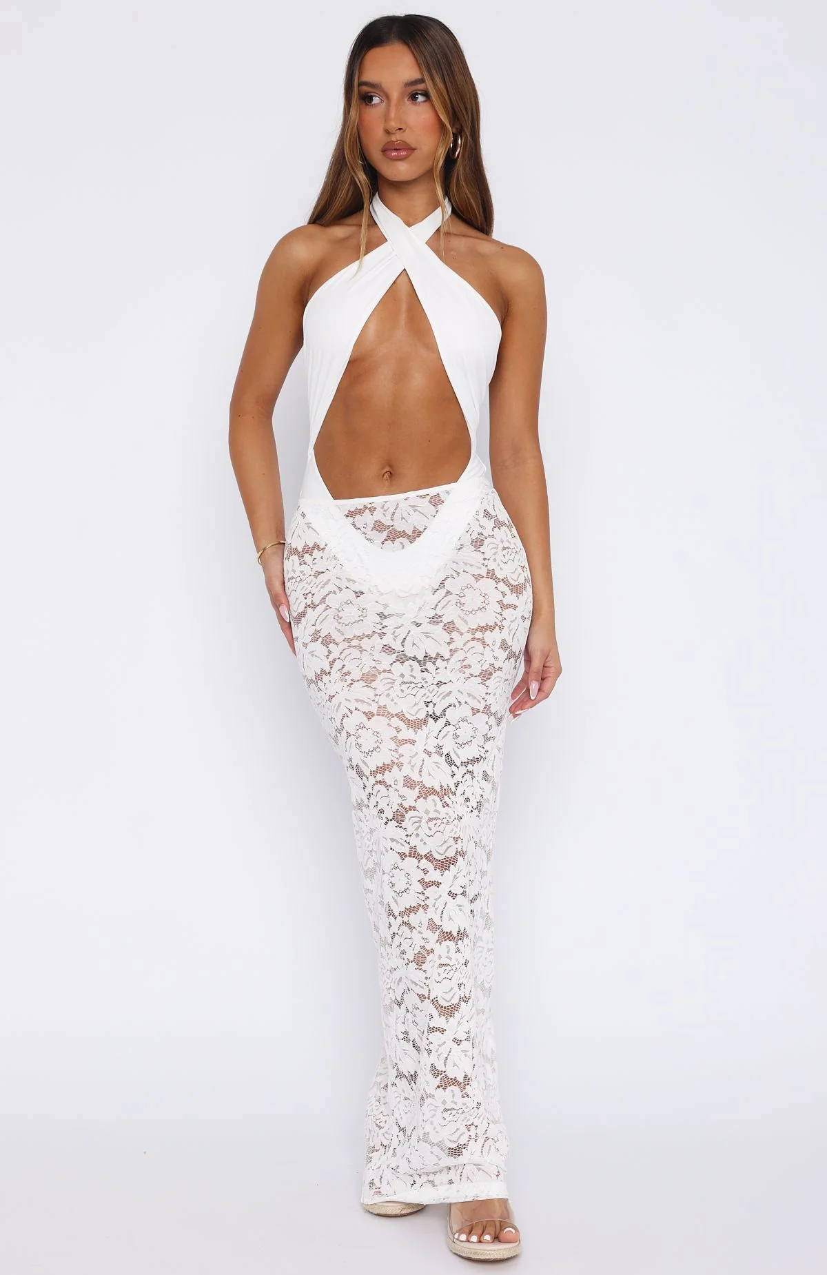 Take Time Lace Maxi Skirt White