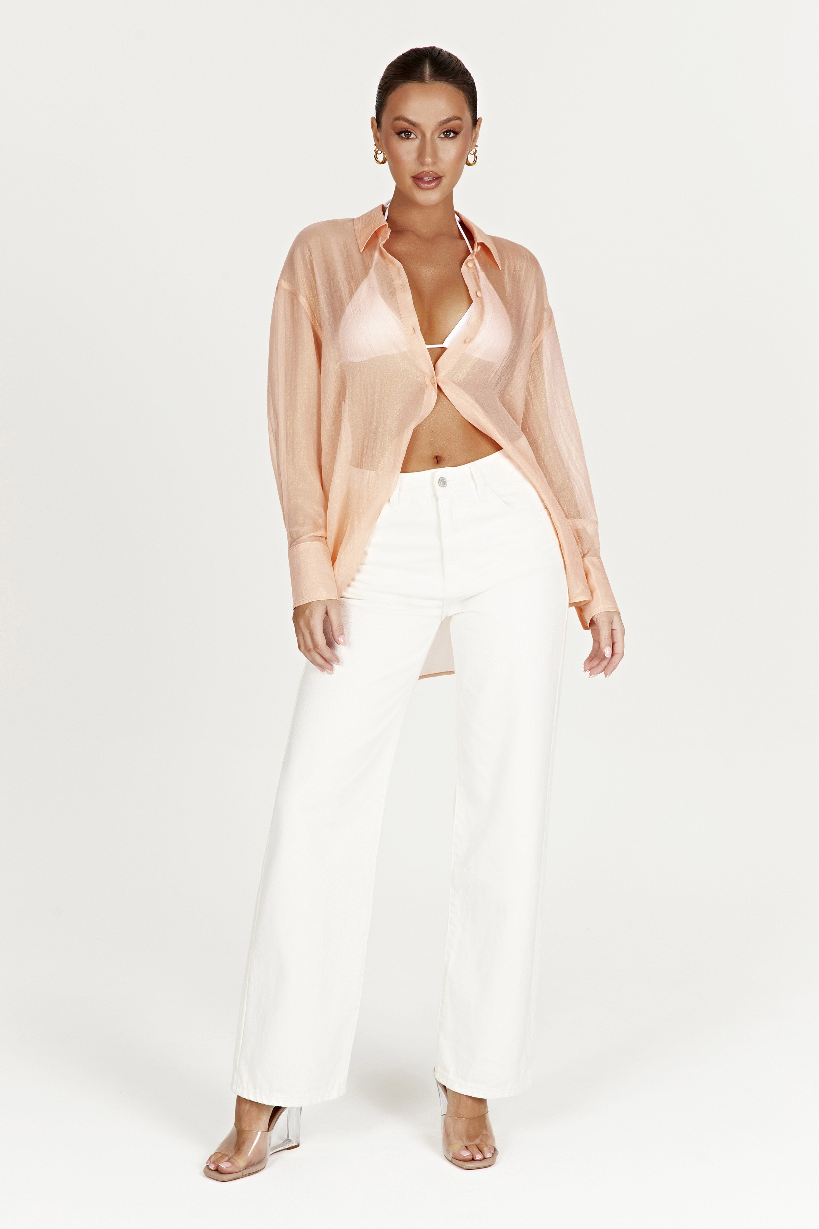 MESHKI Molly Oversized Sheer Iridescent Shirt - Peach
