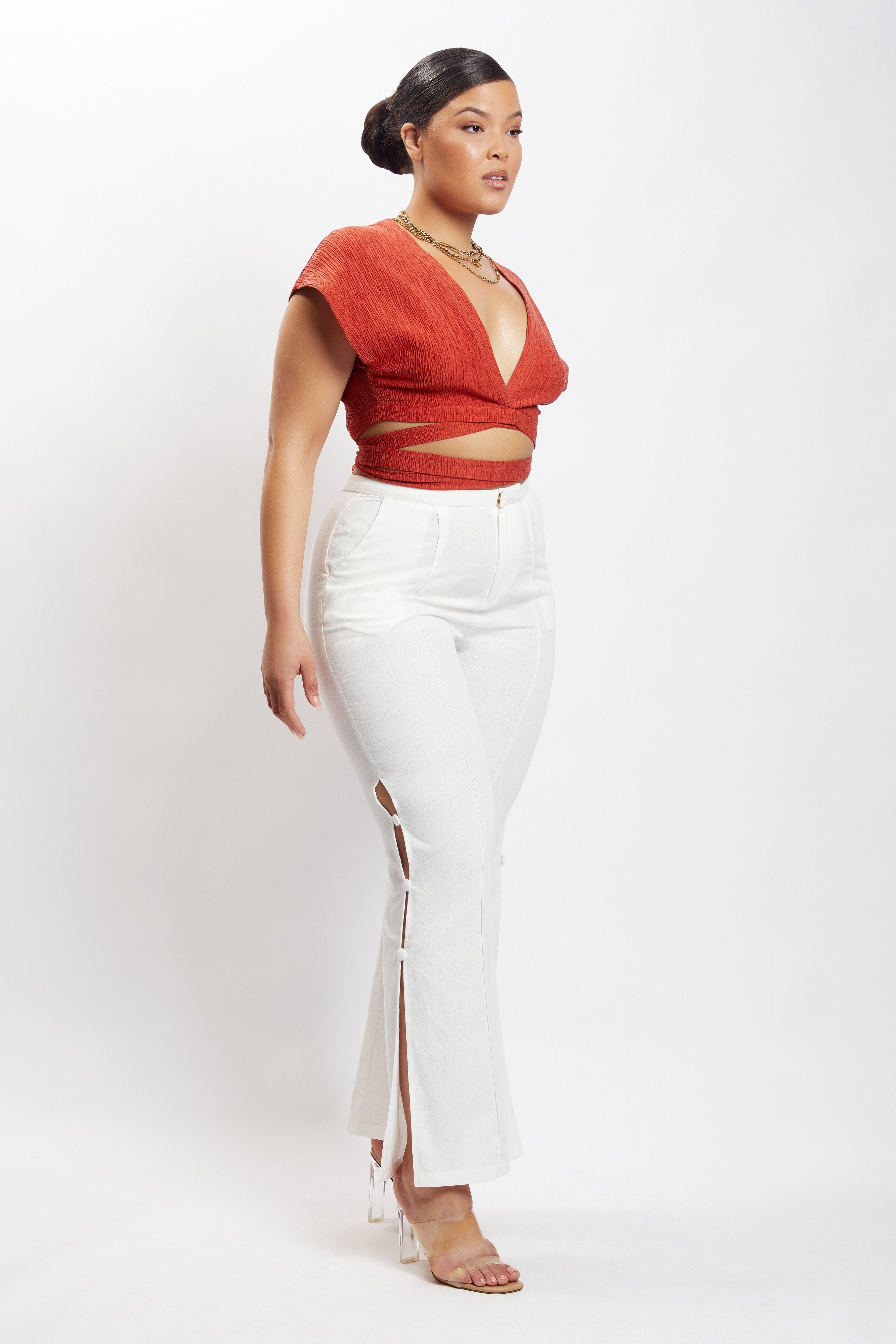 MESHKI Rosa Crinkle Satin Crop Top - Burnt Orange