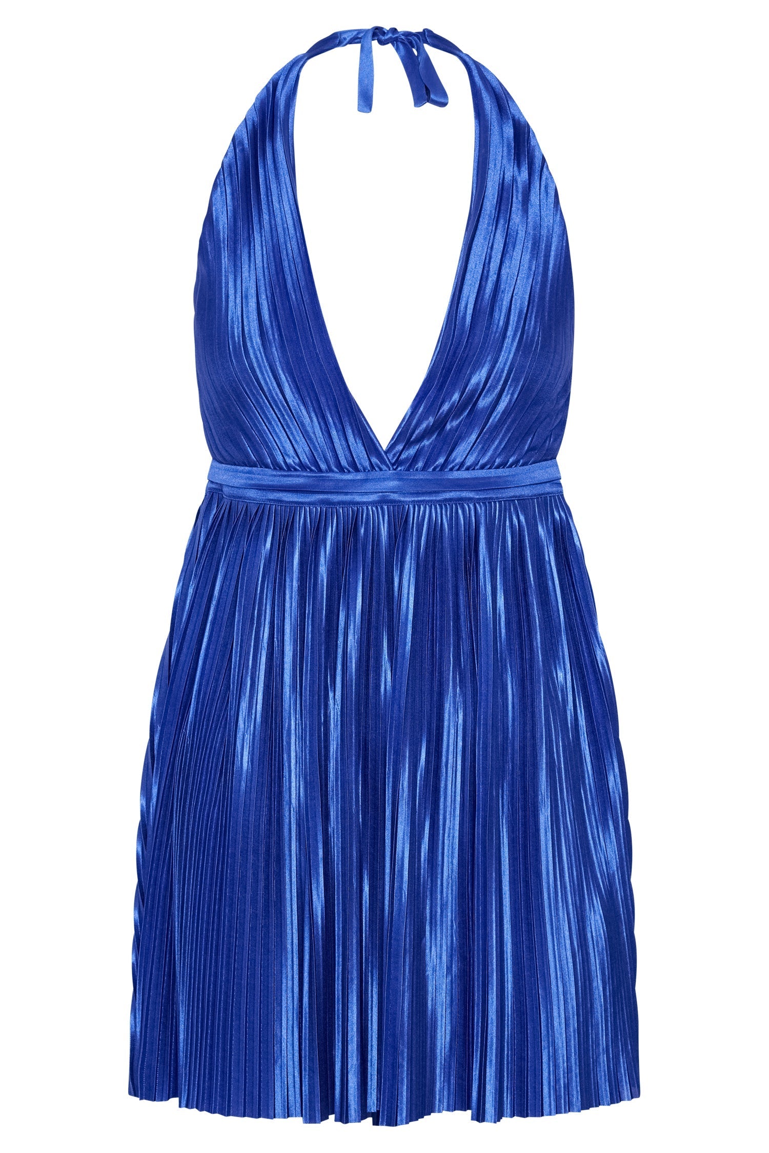 MESHKI Darya Pleated Mini Halter Dress - Persian Blue