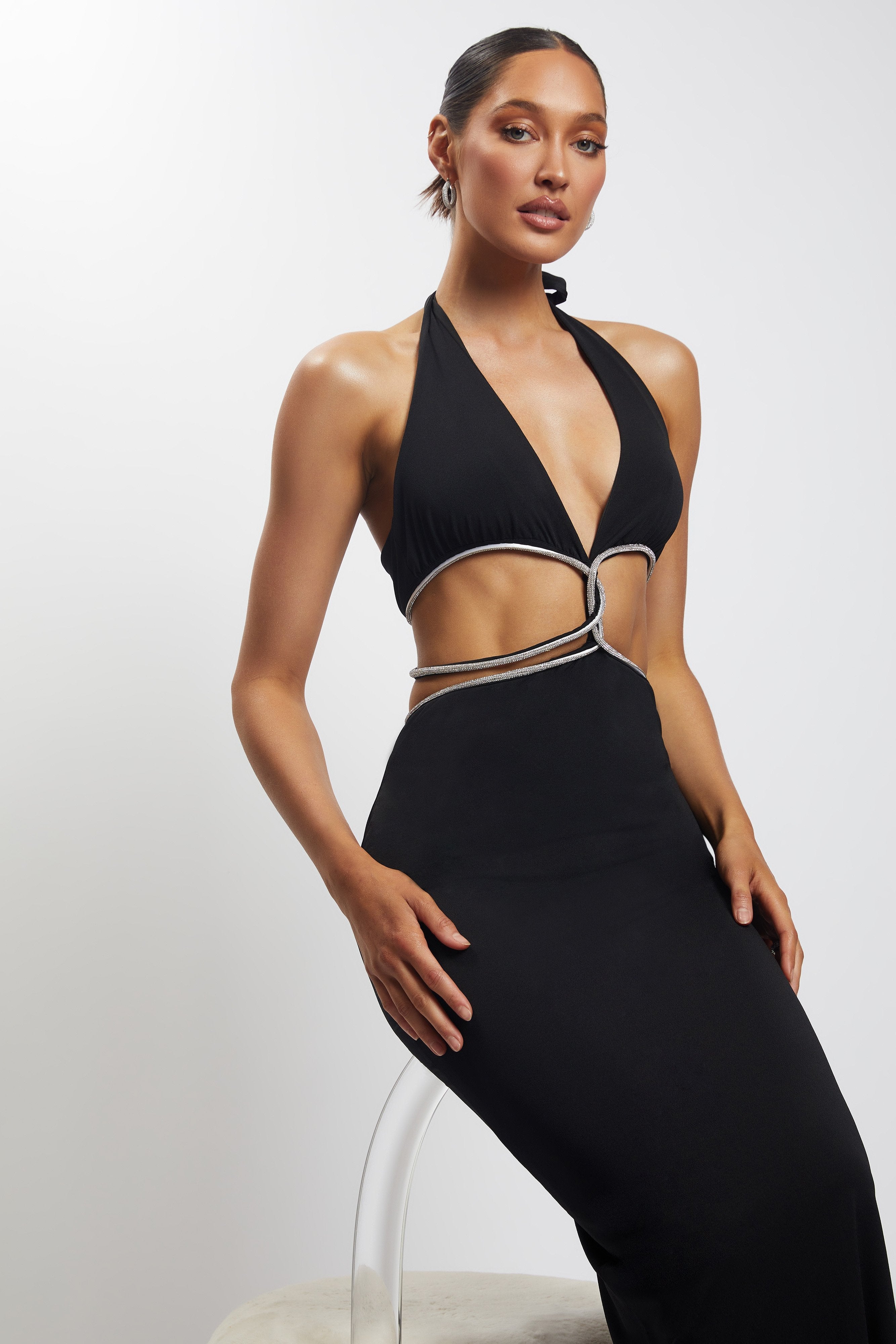 MESHKI Nicha Diamante Cut Out Maxi Dress - Black
