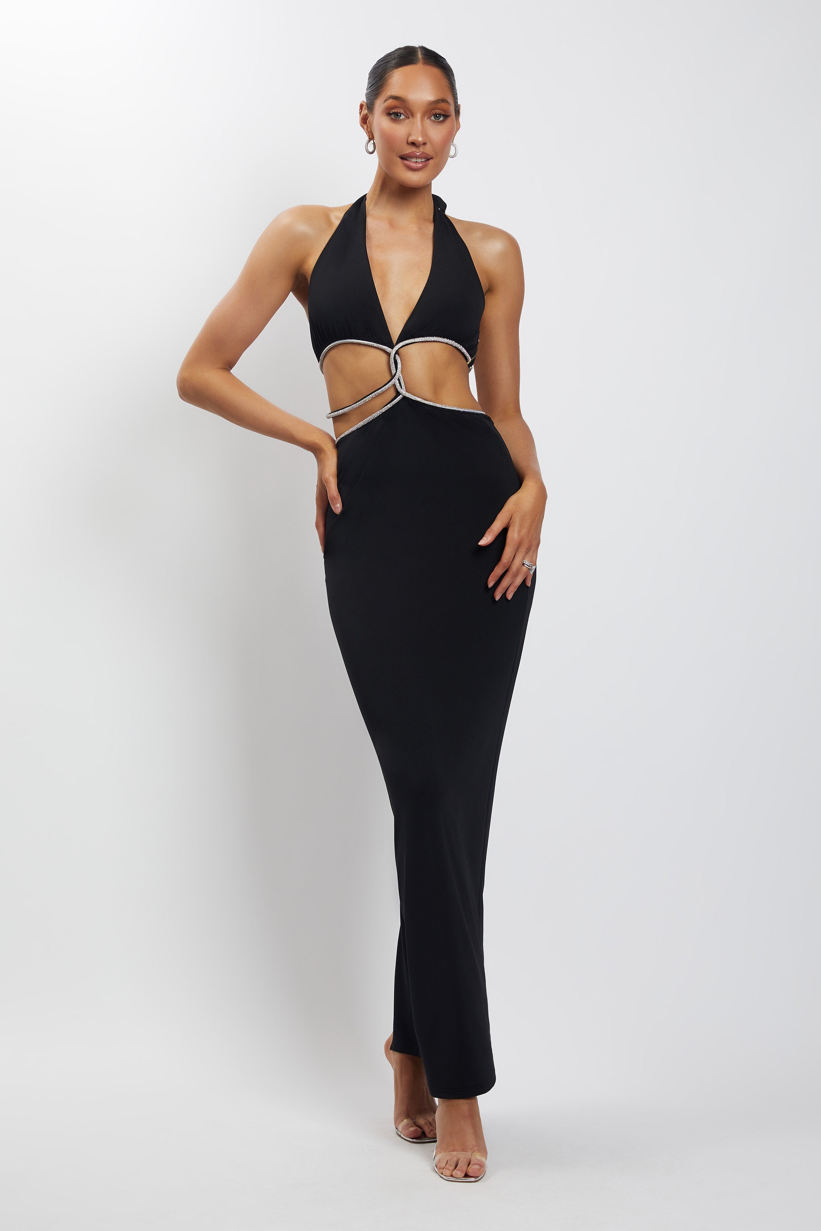 MESHKI Nicha Diamante Cut Out Maxi Dress - Black