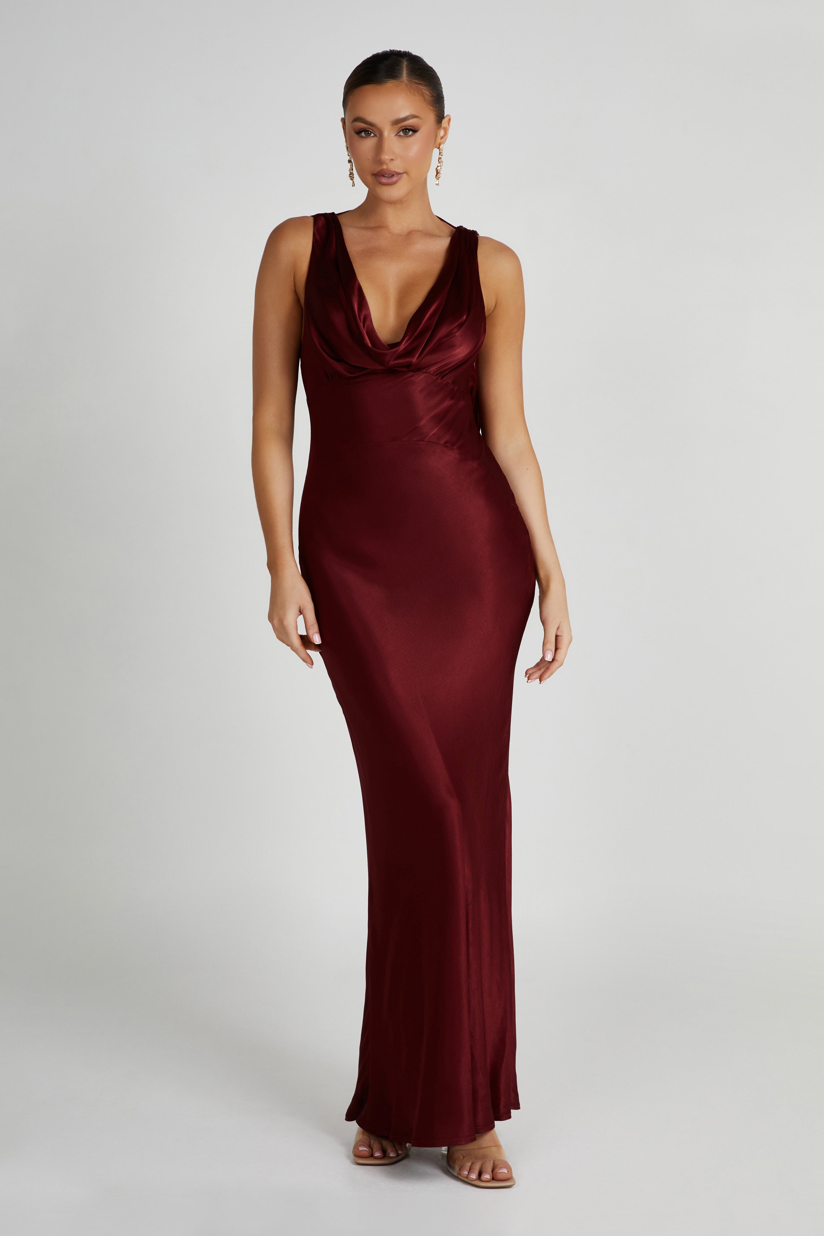 MESHKI Angelique Satin Cowl Back Maxi Dress - Berry