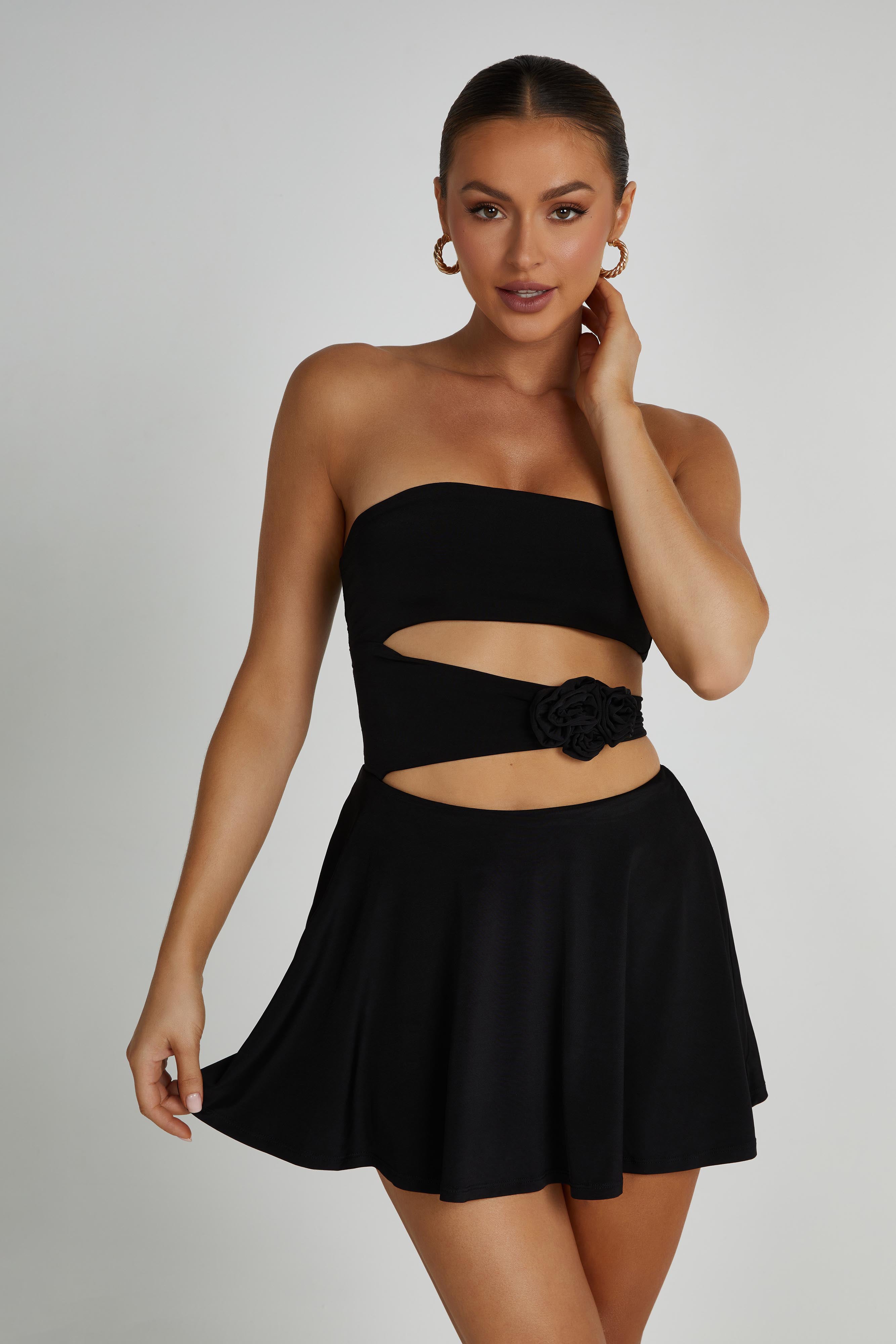 MESHKI Montanna Strapless Rose Mini Dress - Black