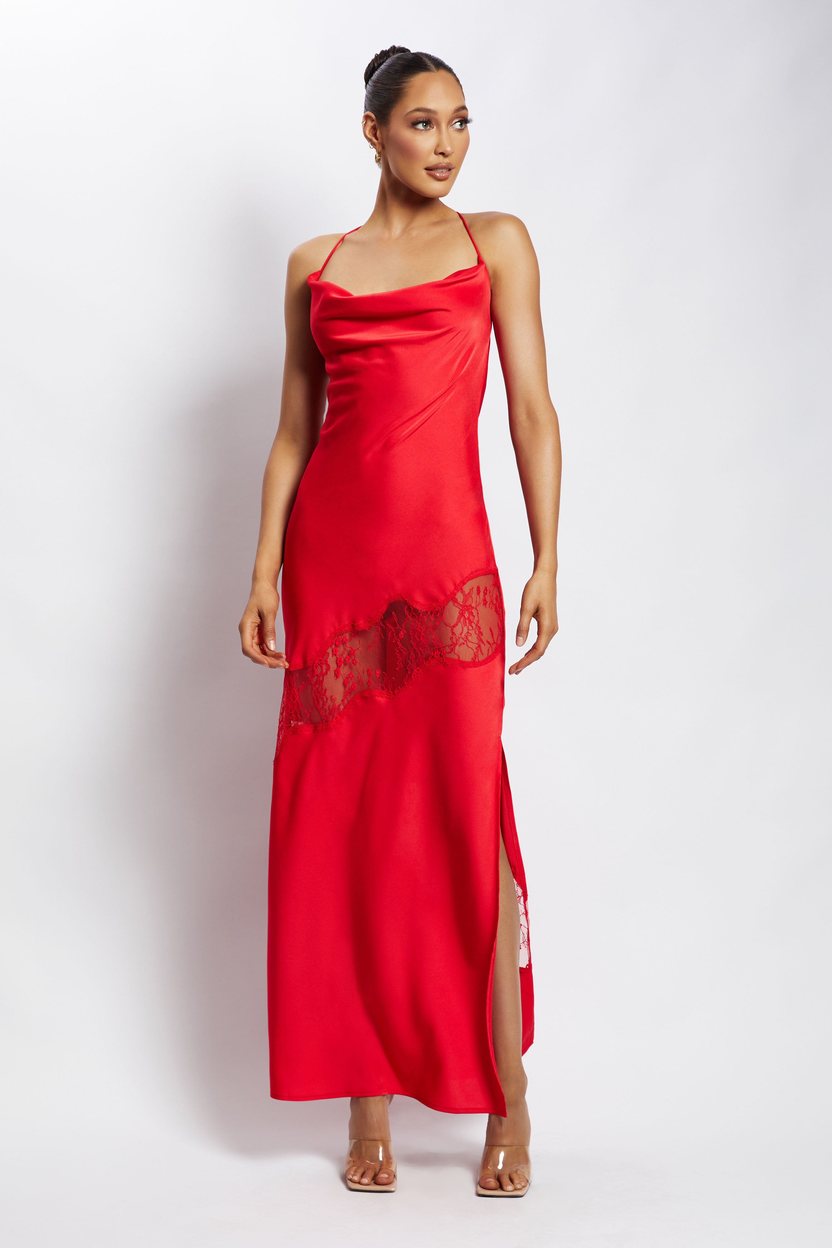 MESHKI Chandra Lace Detail Satin Maxi Dress - Red