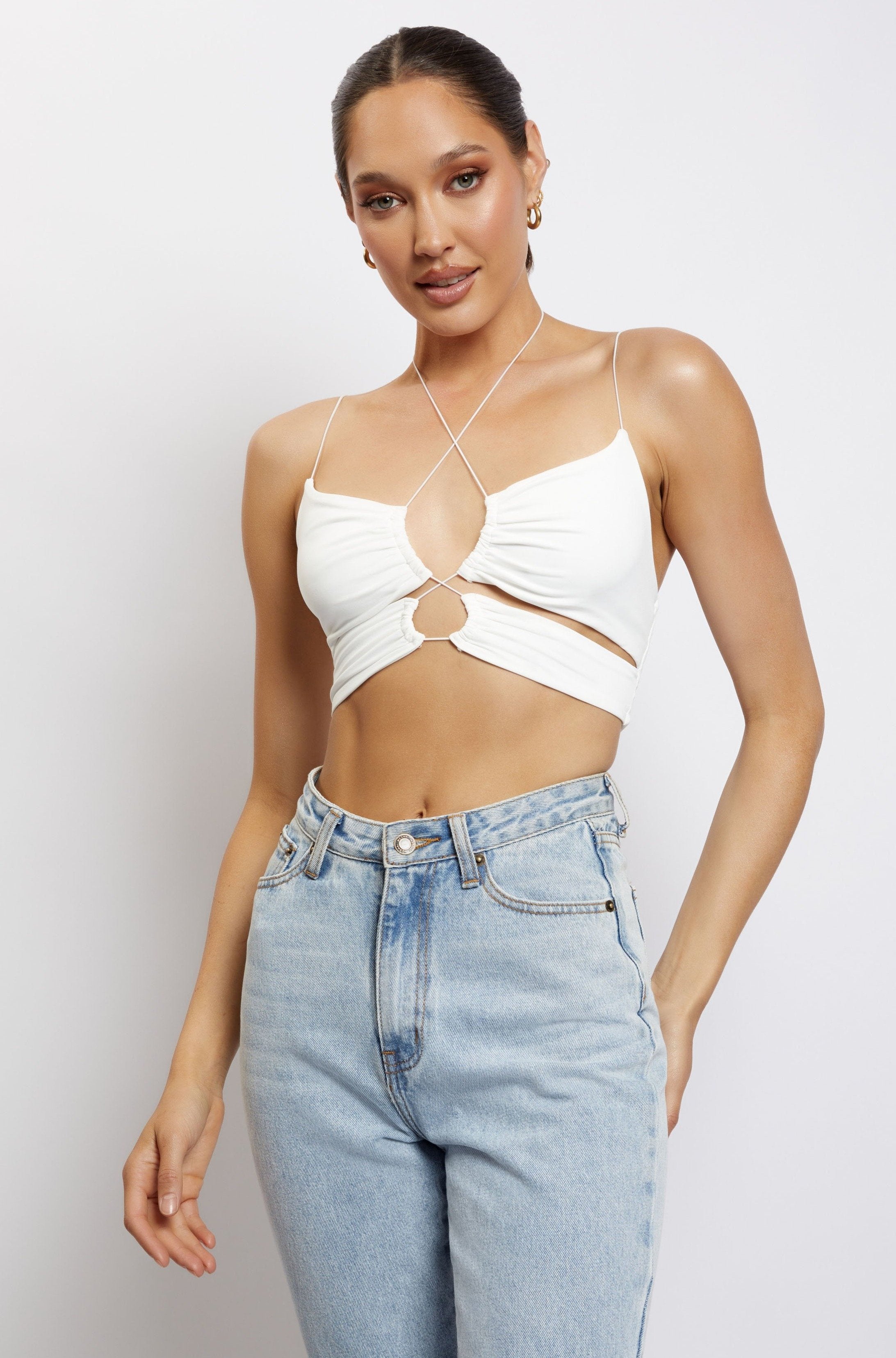 MESHKI Phoenix Cut Out Ruched Crop Top - White
