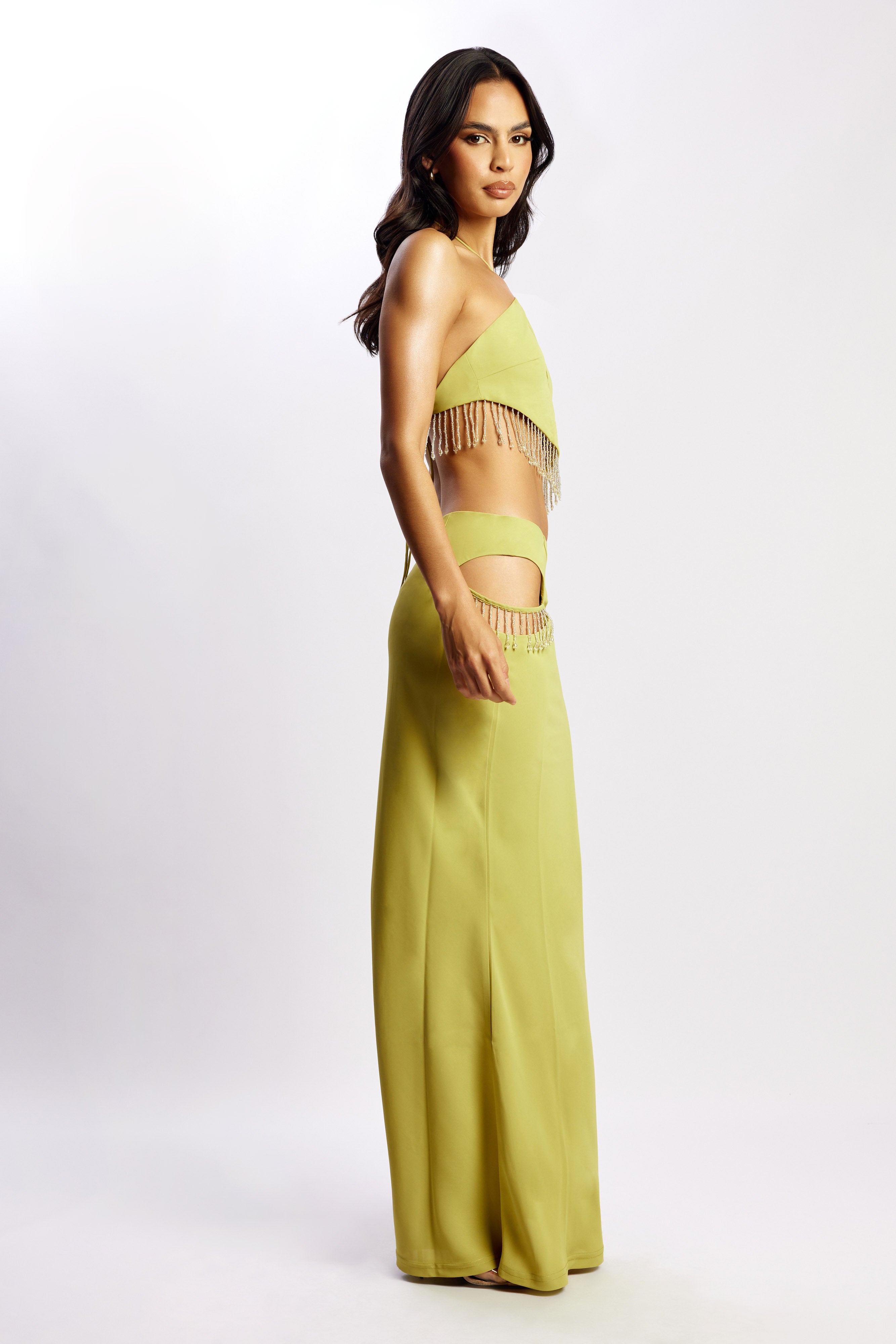 MESHKI Jayleen Keyhole Triangle Halter Top With Fringe - Chartreuse
