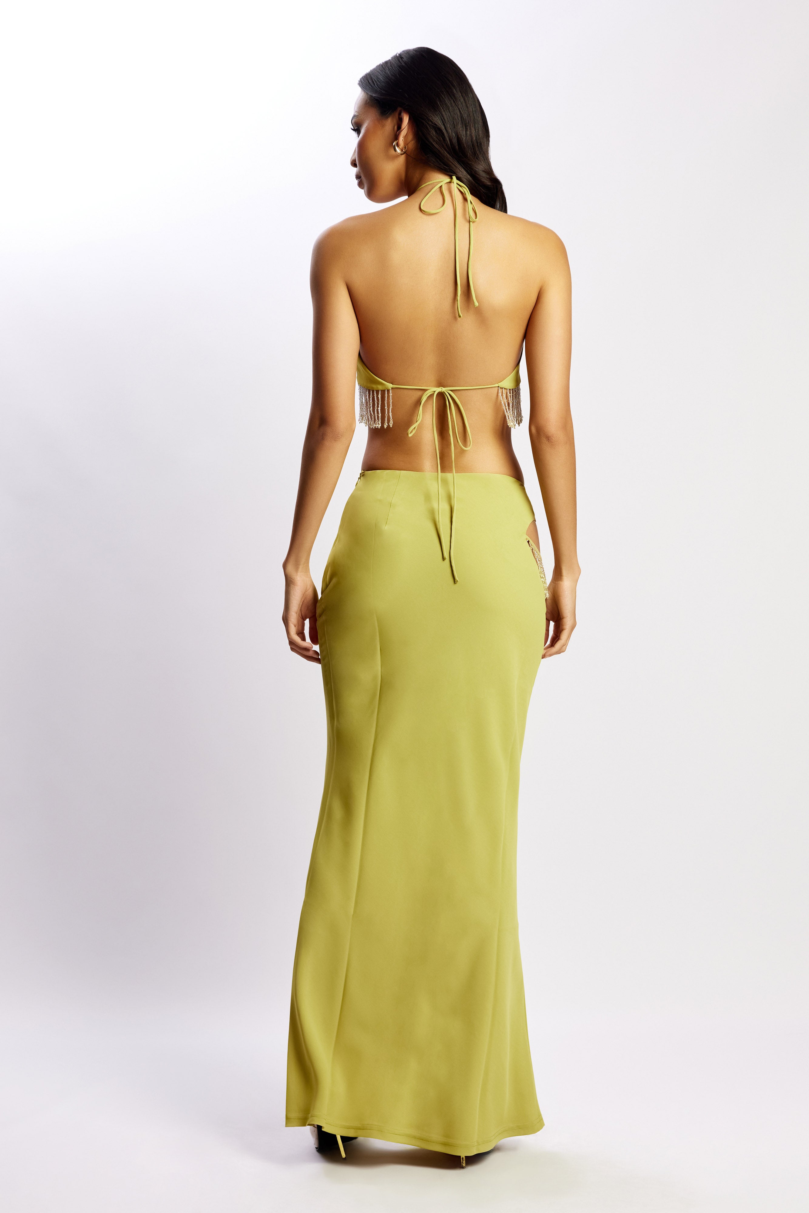 MESHKI Jayleen Keyhole Triangle Halter Top With Fringe - Chartreuse