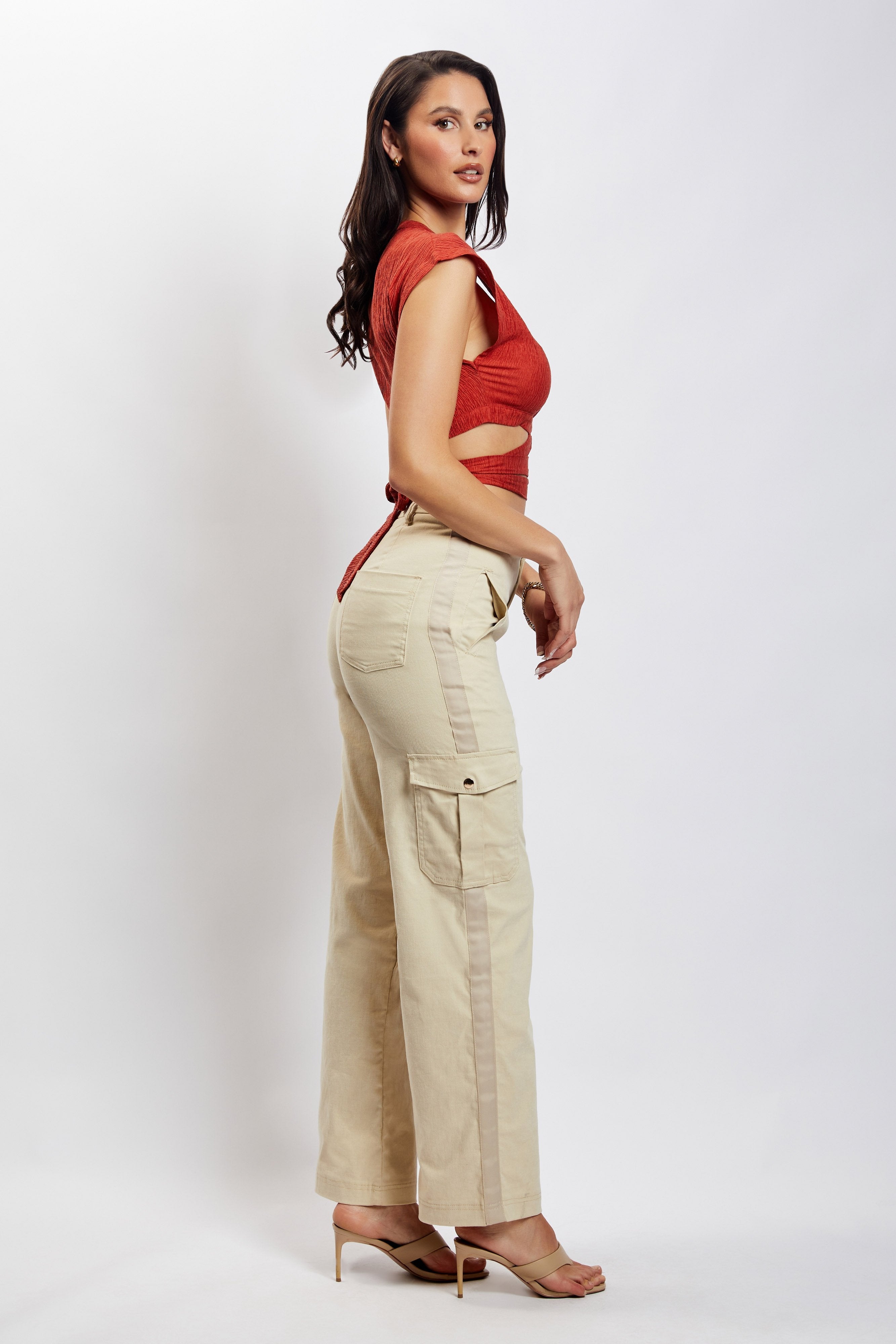 MESHKI Rosa Crinkle Satin Crop Top - Burnt Orange