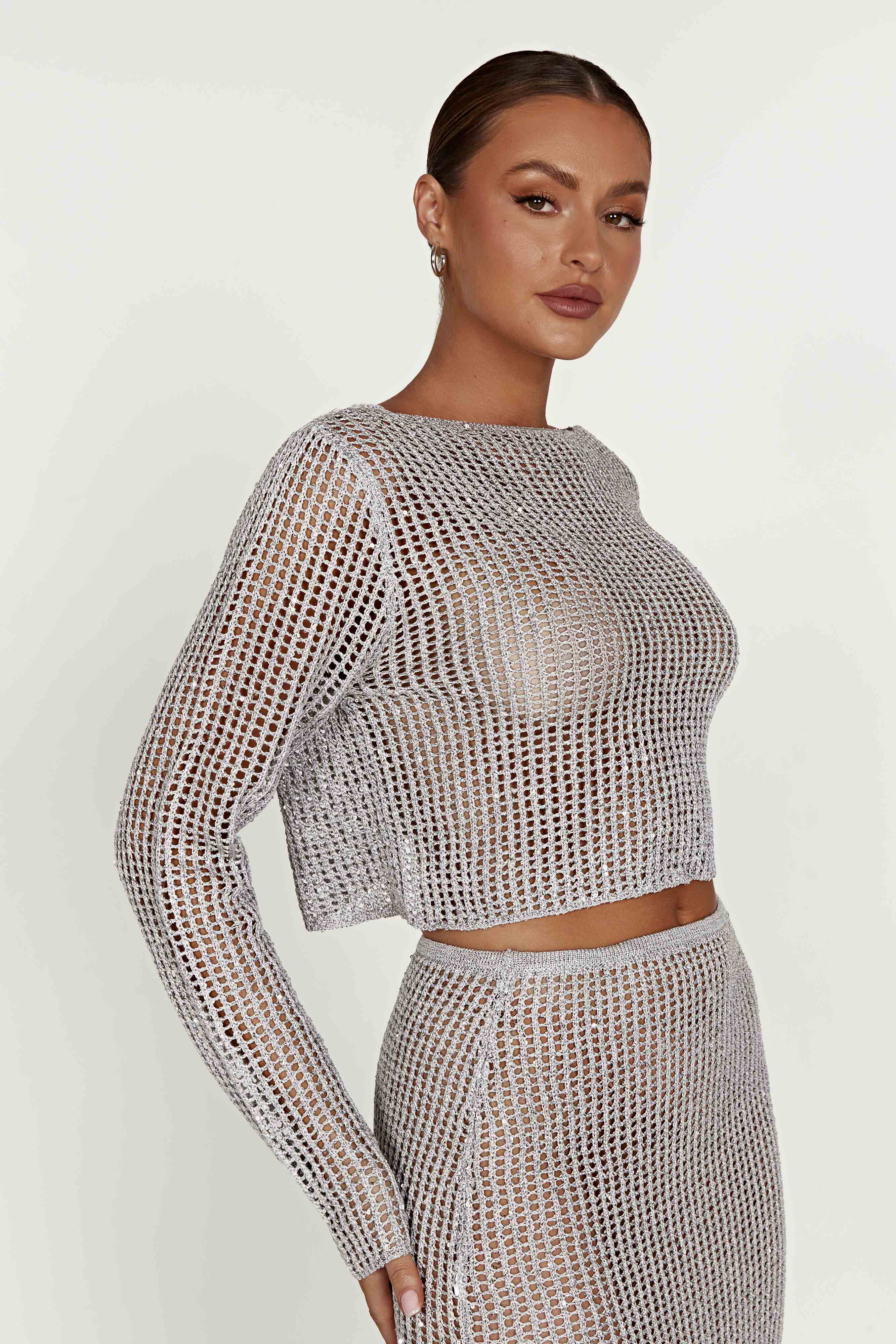 MESHKI Catalina Sequin Crochet Twist Top - Silver