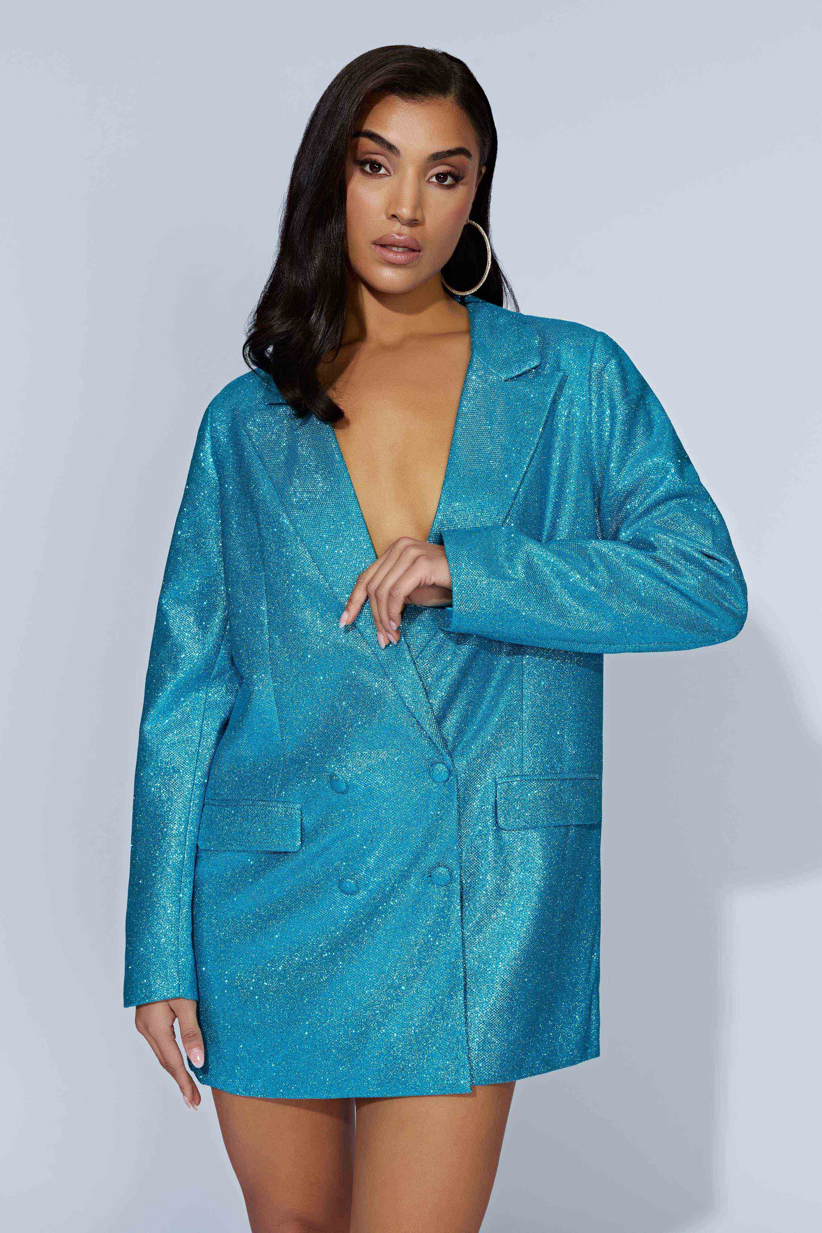 MESHKI Becky Shimmer Oversized Blazer Dress - Aquamarine