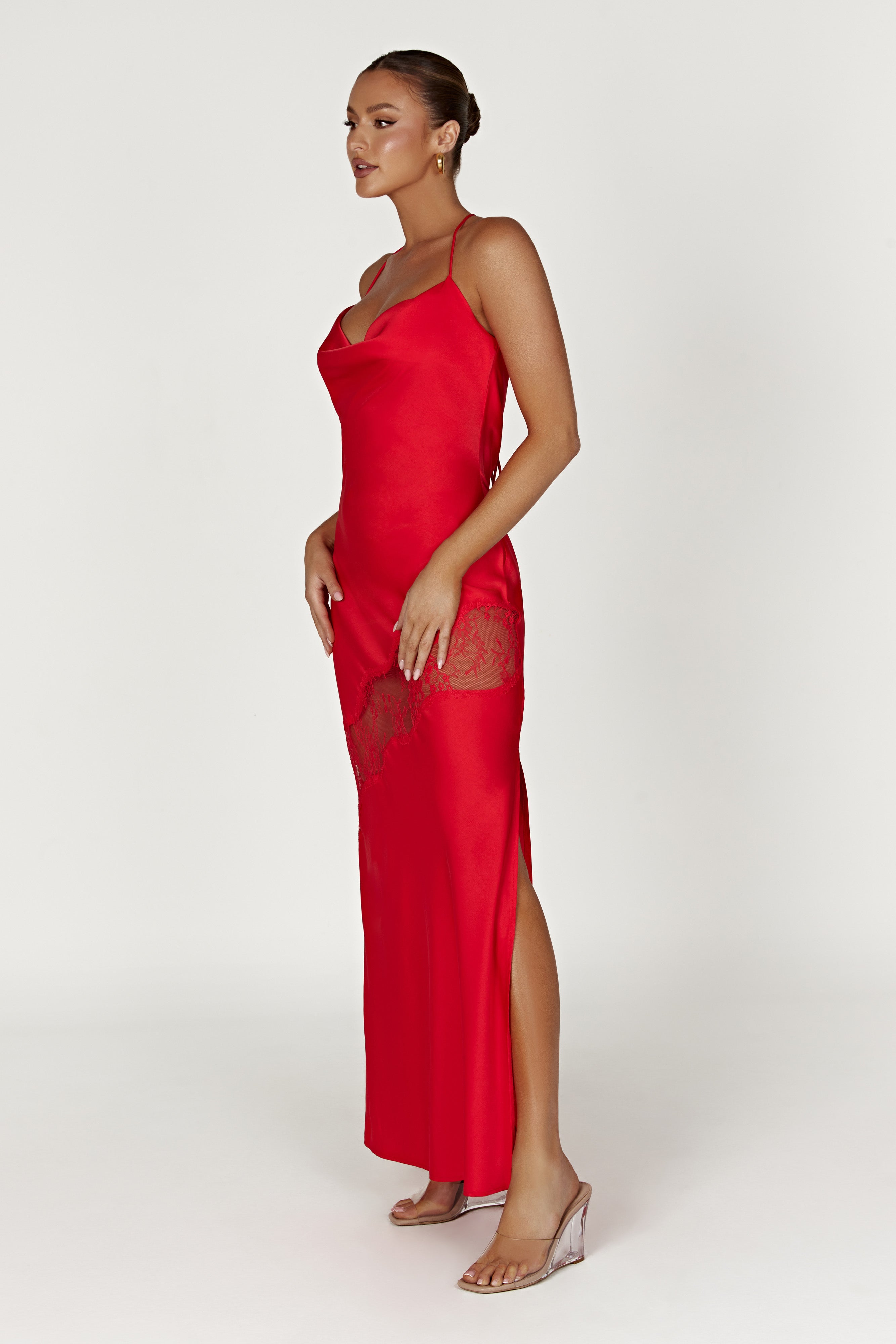 MESHKI Chandra Lace Detail Satin Maxi Dress - Red