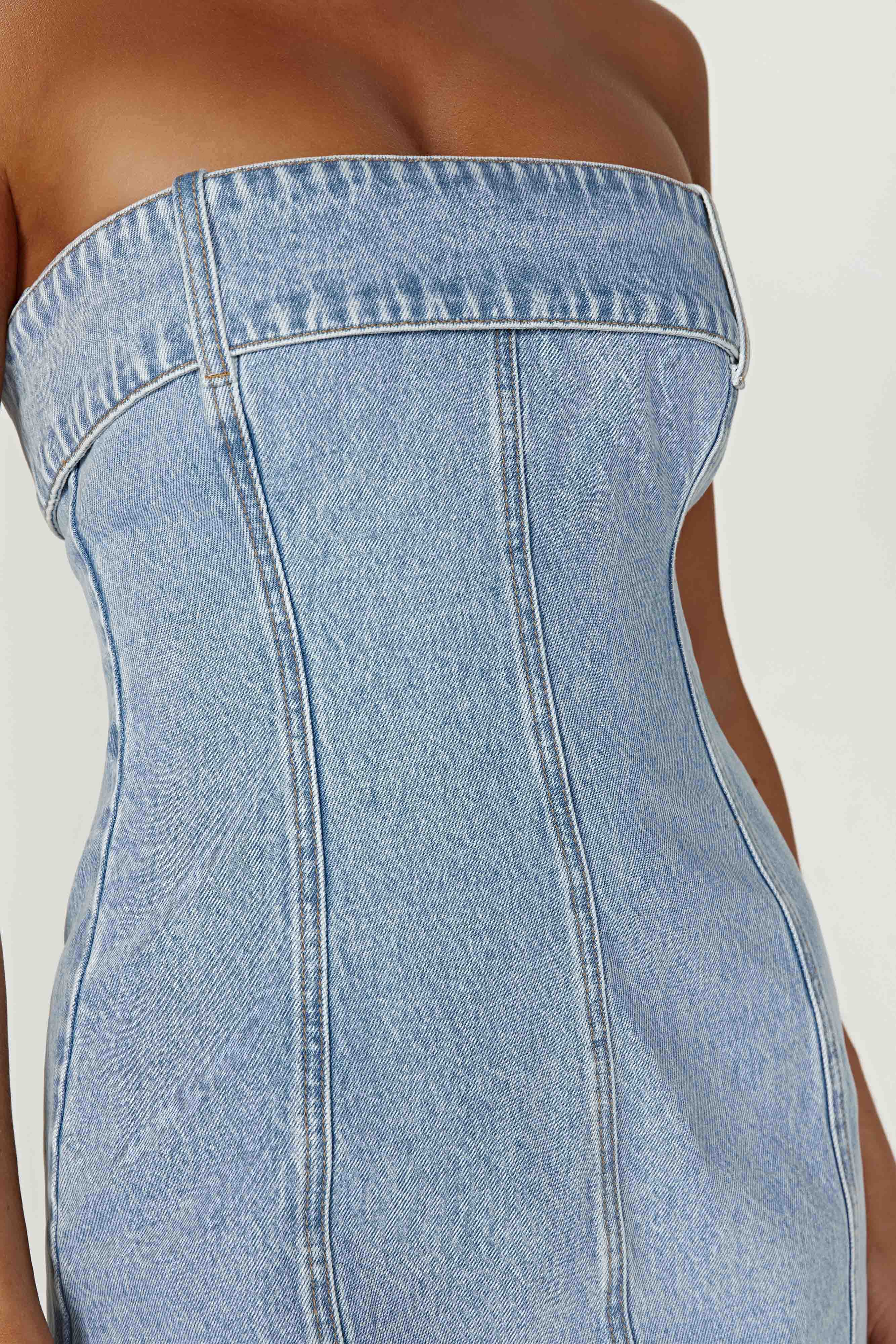MESHKI Teddi Denim Mini Dress - Mid Blue