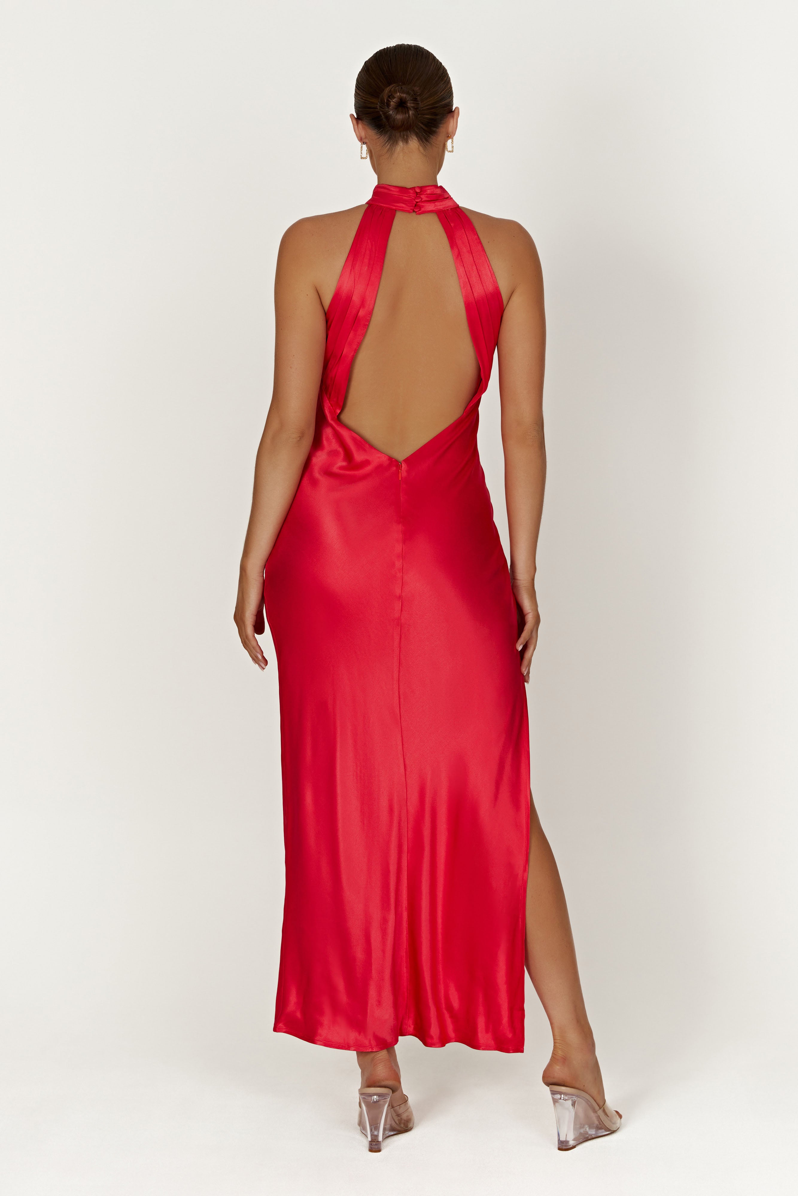 Claire Satin Drape Back Maxi Dress With Split - Red - Myromanceshops