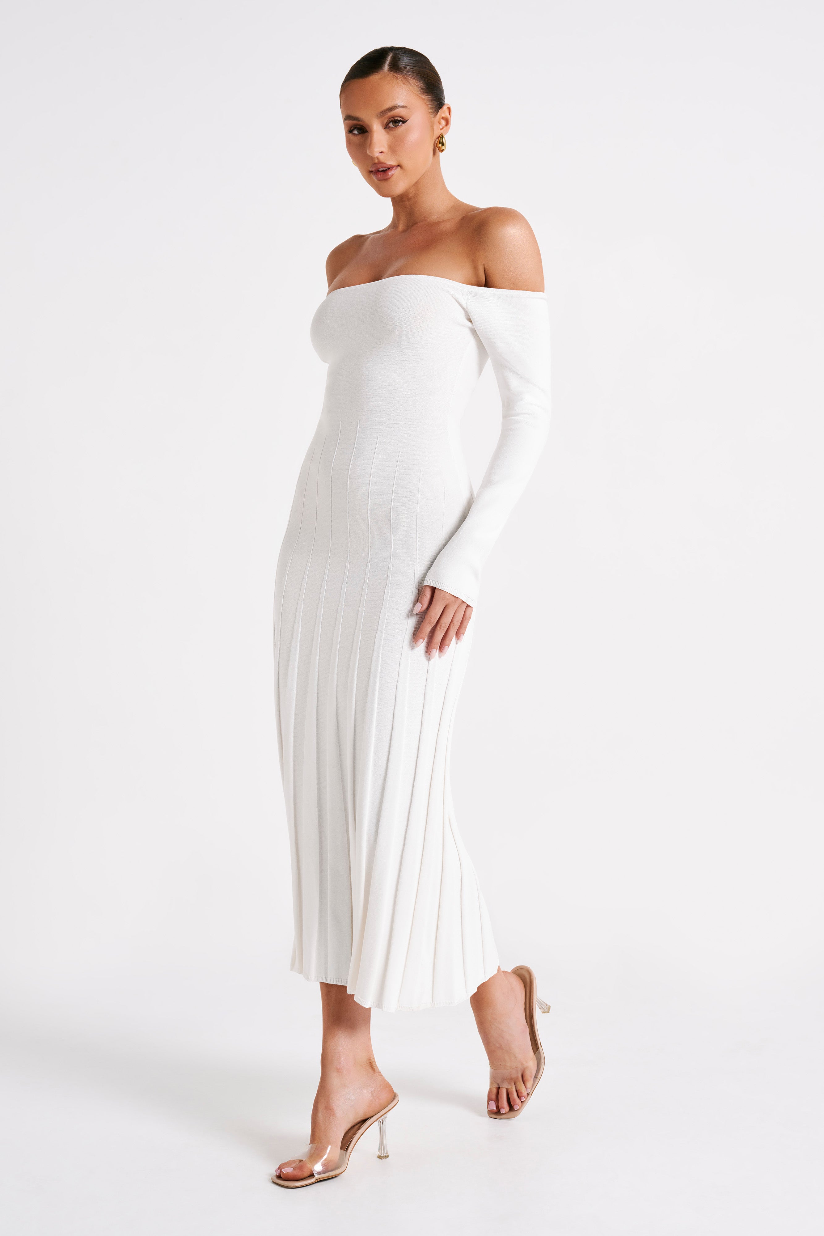 MESHKI Emmeline Long Sleeve Rib Knit Midi Dress - White