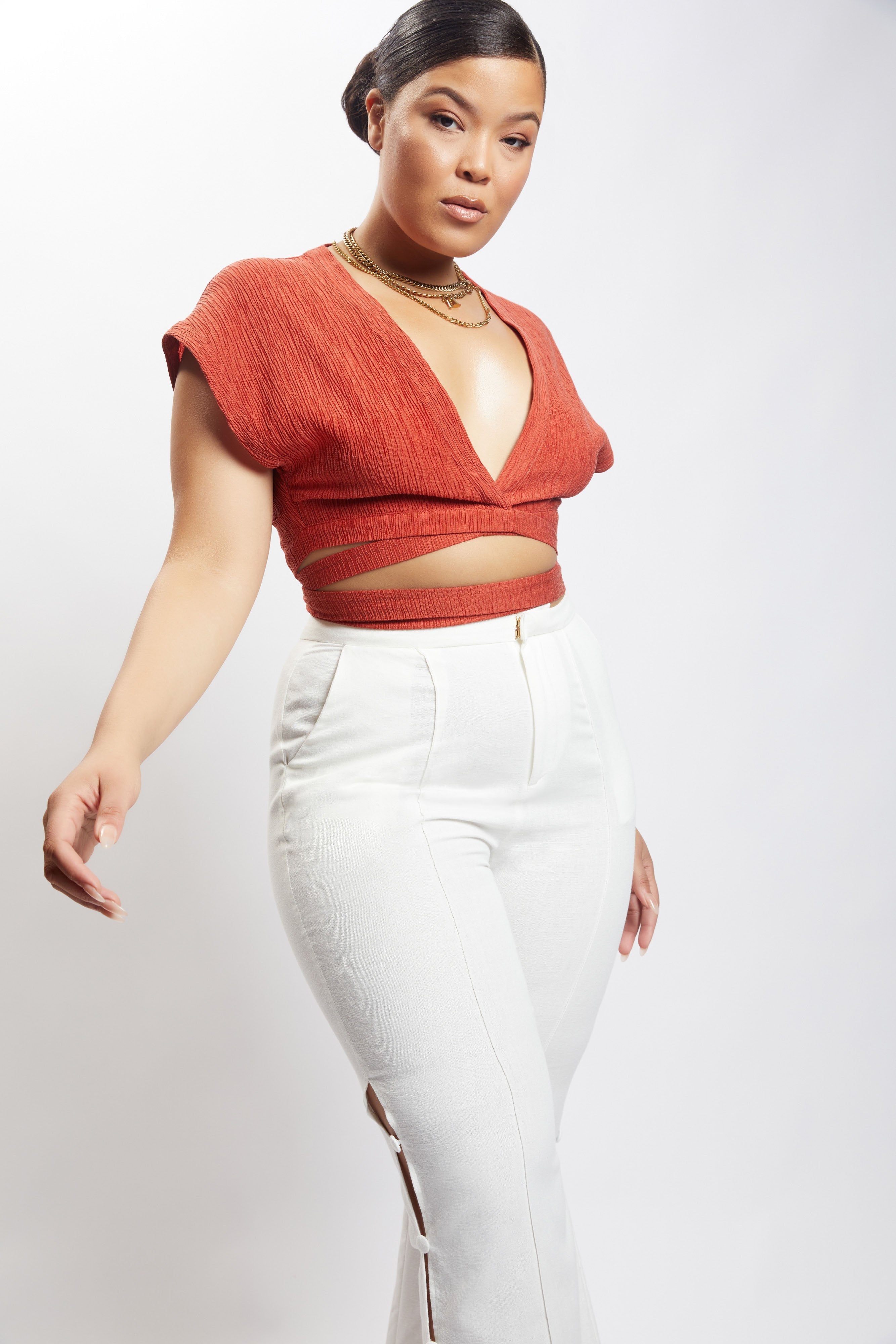 MESHKI Rosa Crinkle Satin Crop Top - Burnt Orange