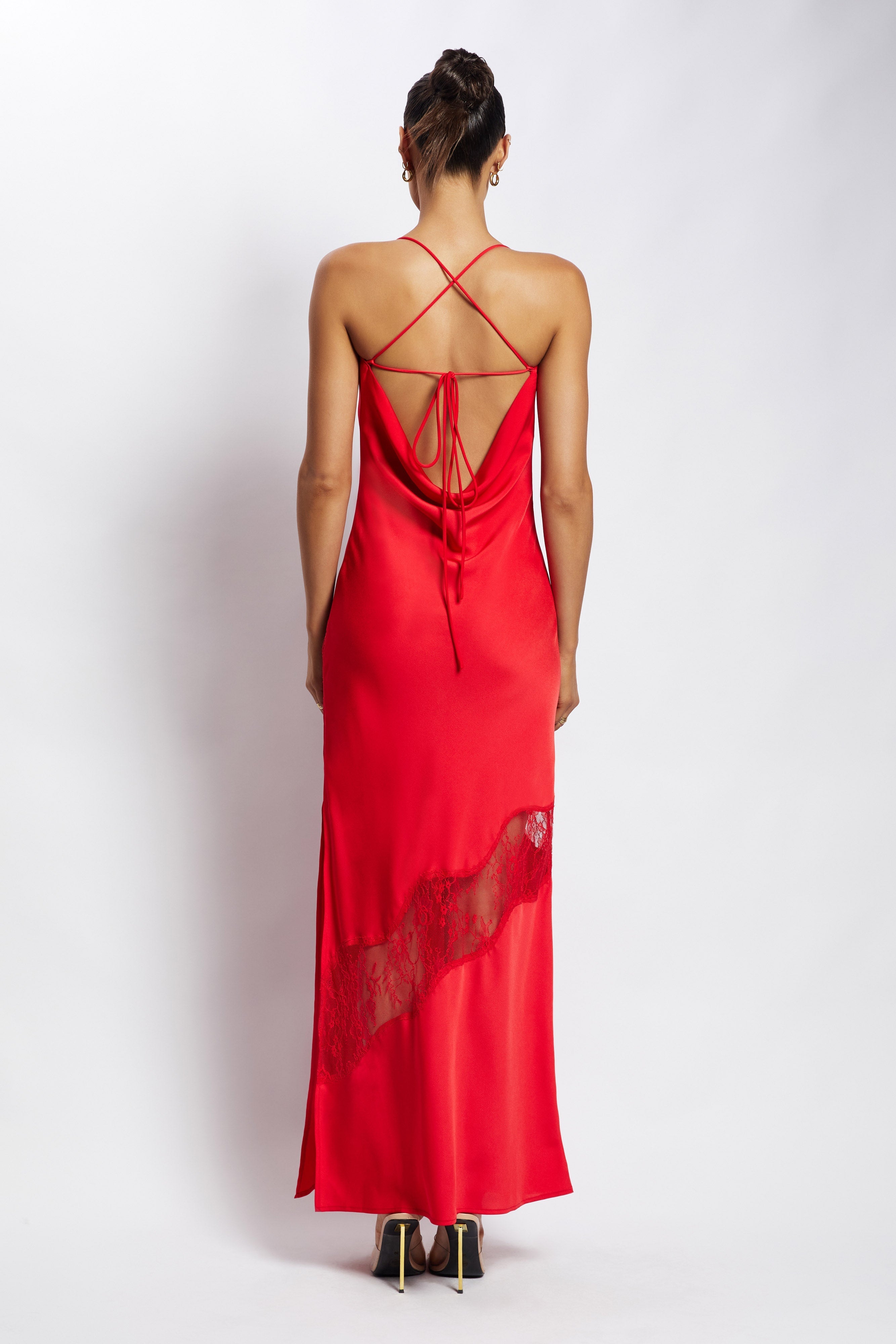 MESHKI Chandra Lace Detail Satin Maxi Dress - Red