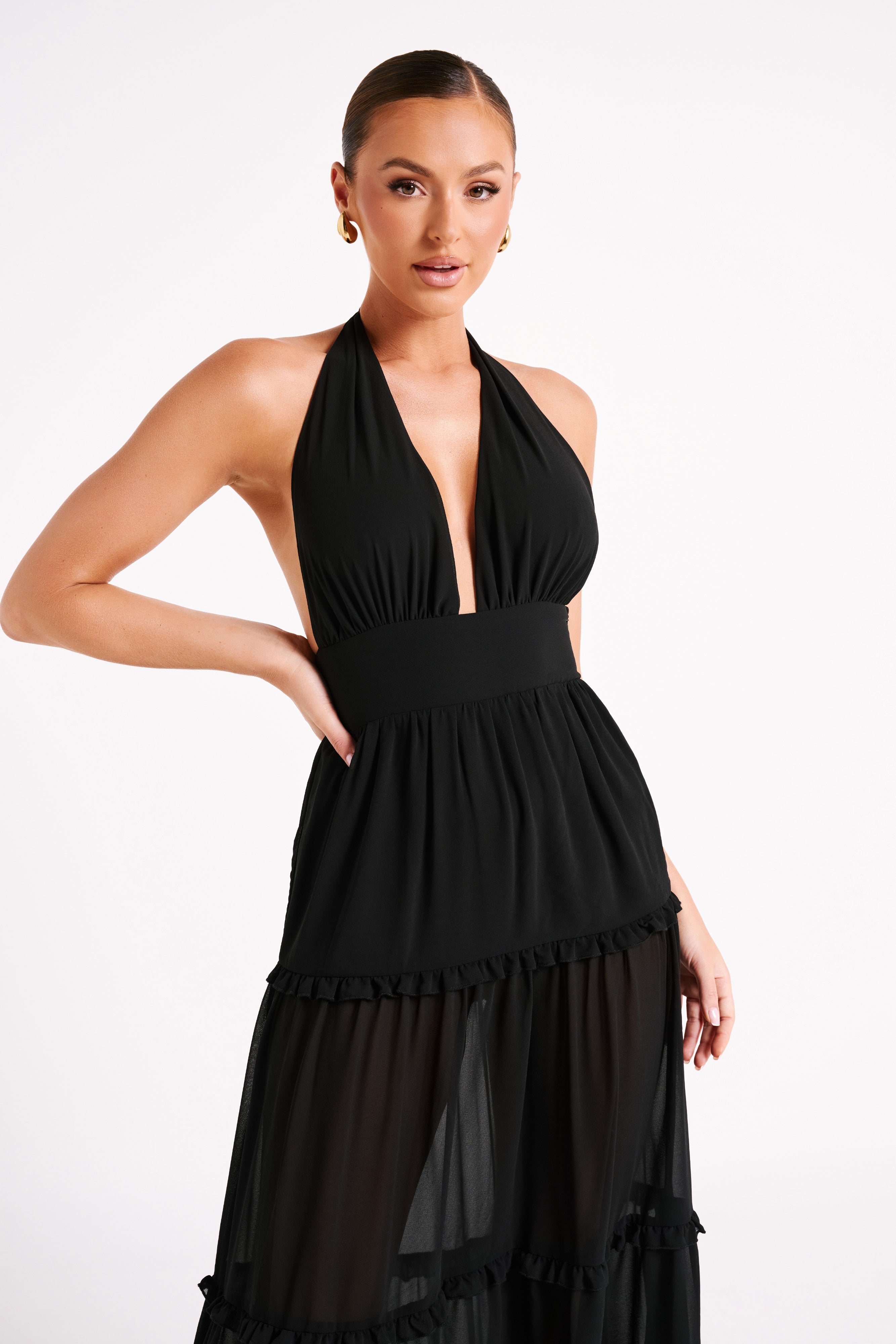 MESHKI Marianna Tiered Halter Maxi Dress - Black