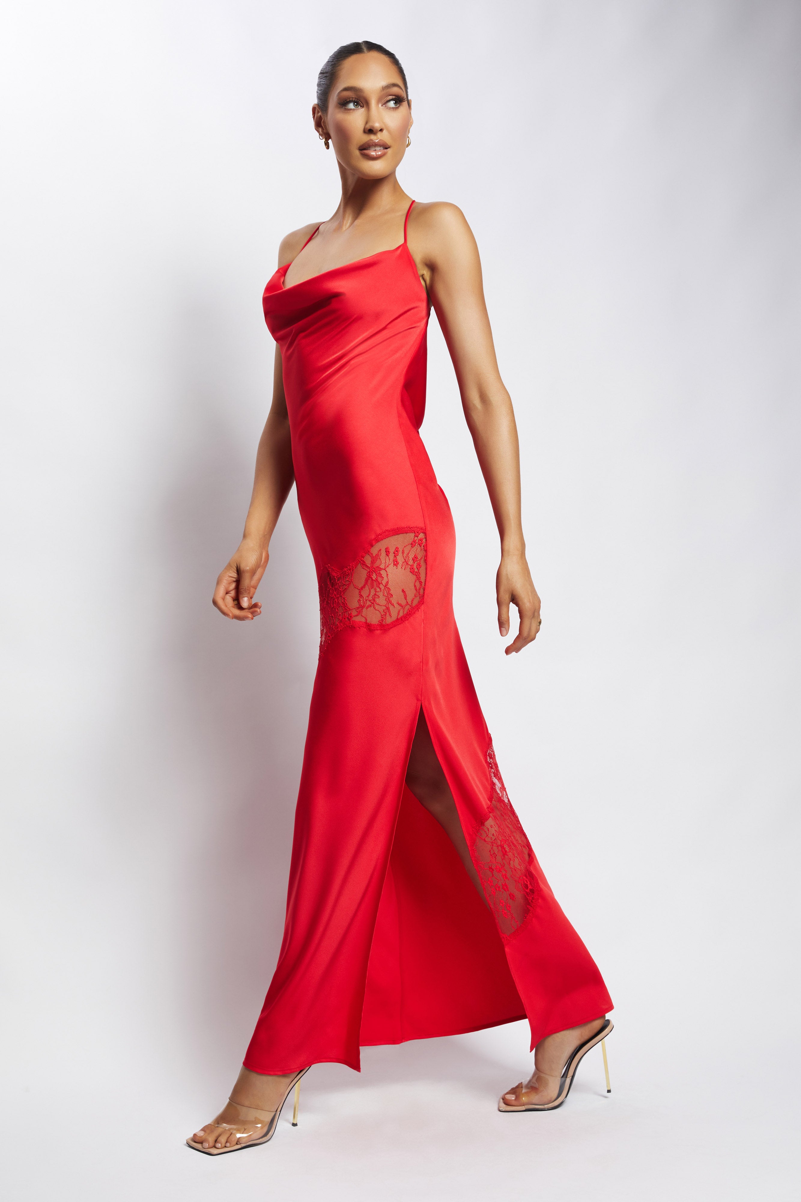 MESHKI Chandra Lace Detail Satin Maxi Dress - Red
