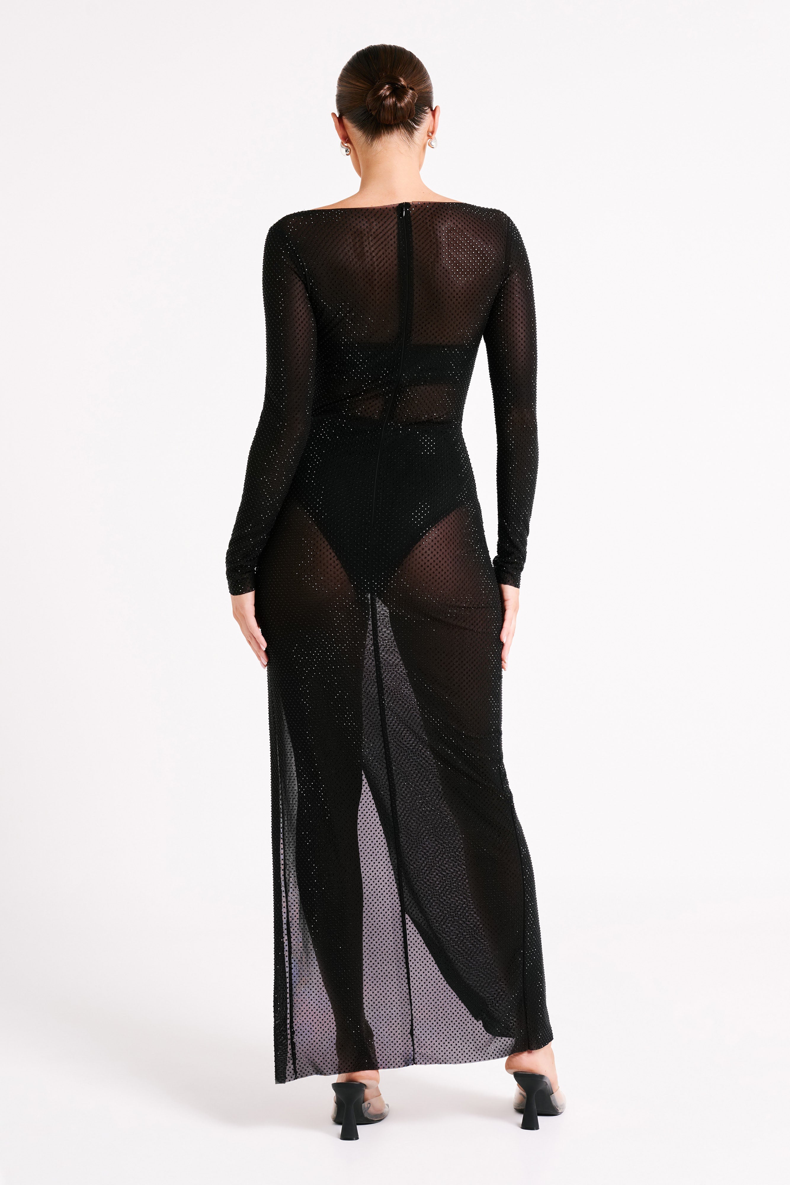 MESHKI Sevanna Diamante Long Sleeve Maxi Dress - Black