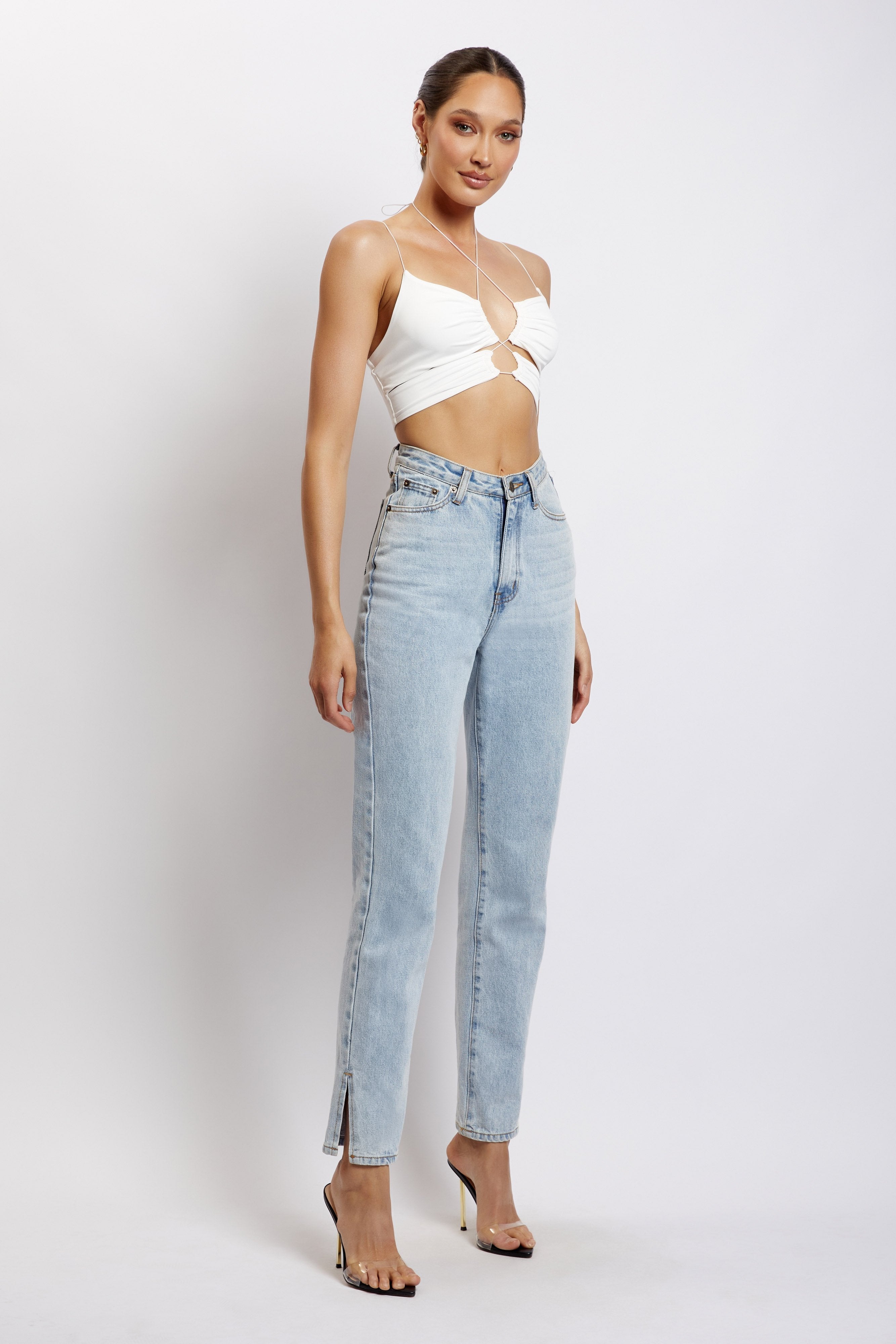 MESHKI Phoenix Cut Out Ruched Crop Top - White