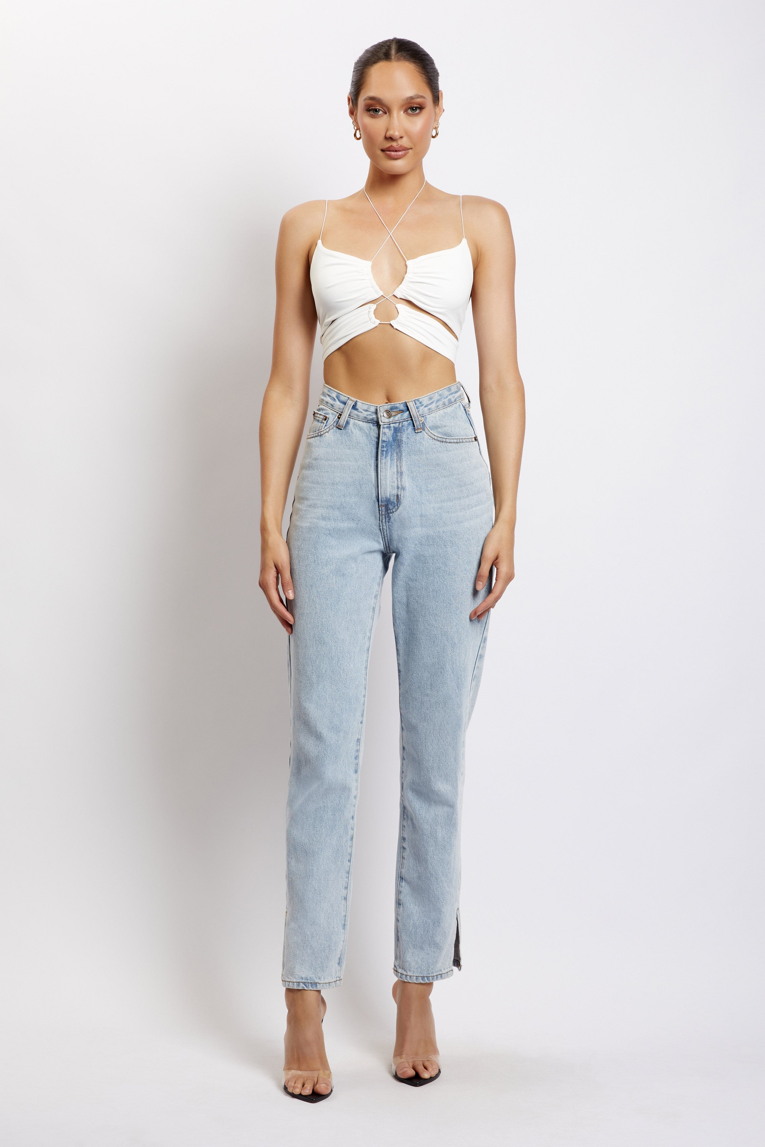 MESHKI Phoenix Cut Out Ruched Crop Top - White