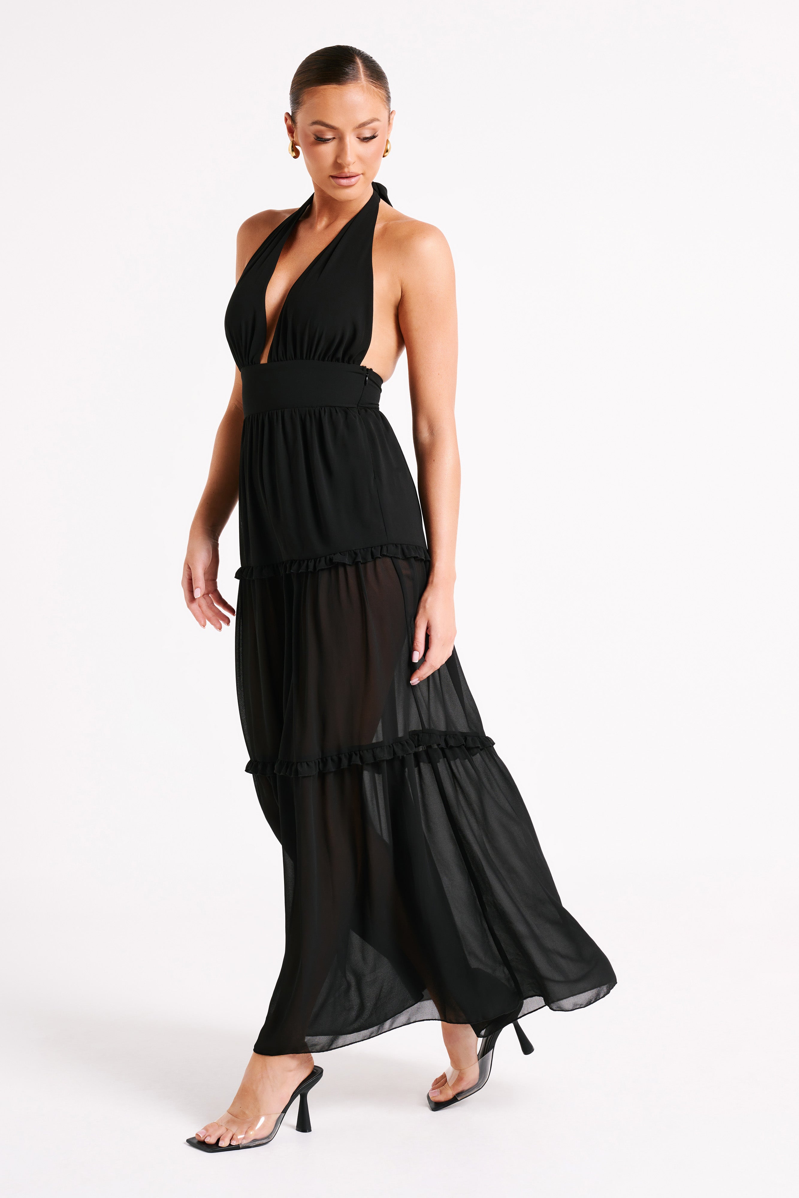 MESHKI Marianna Tiered Halter Maxi Dress - Black