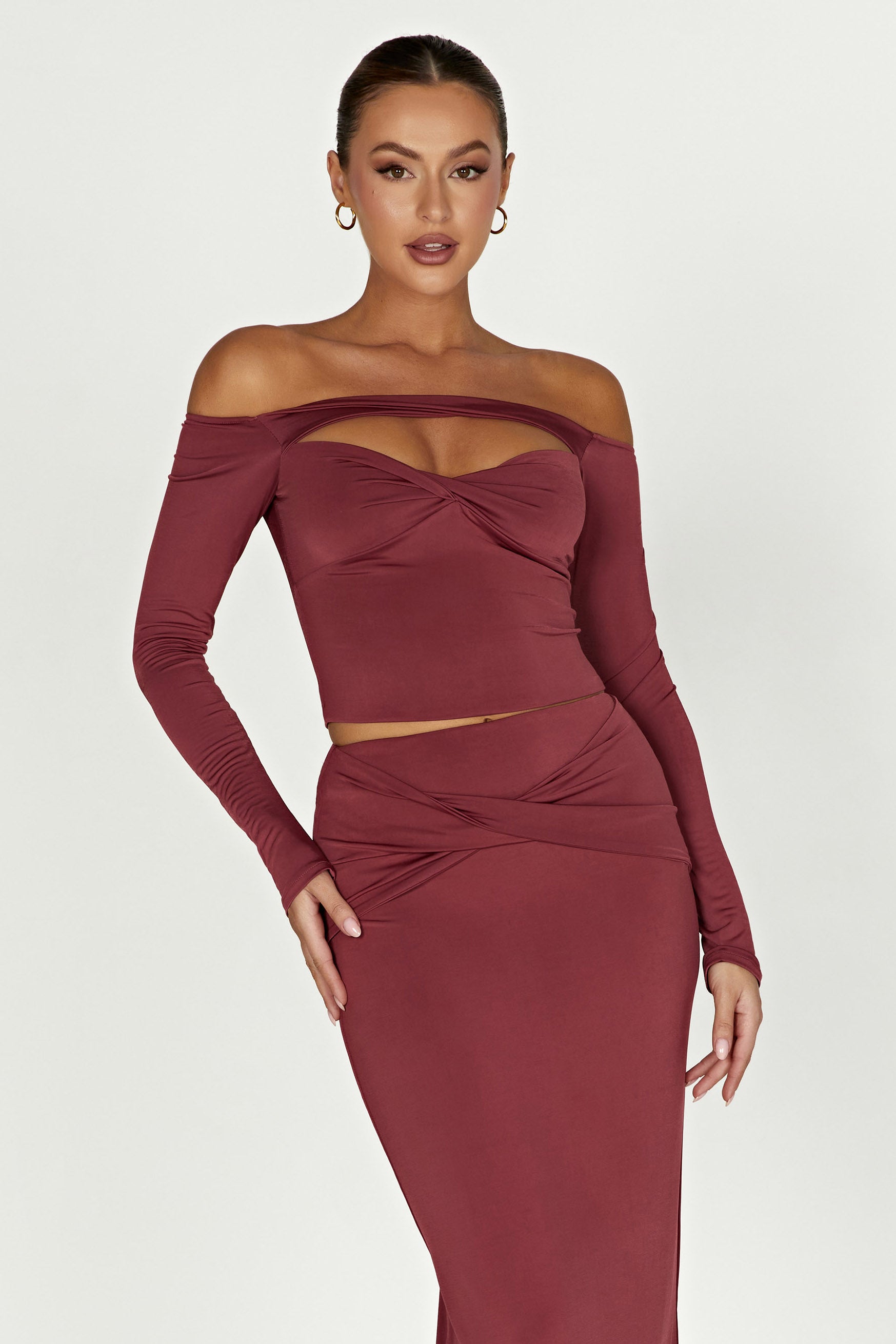 MESHKI Ceri Off Shoulder Long Sleeve Top - Wine
