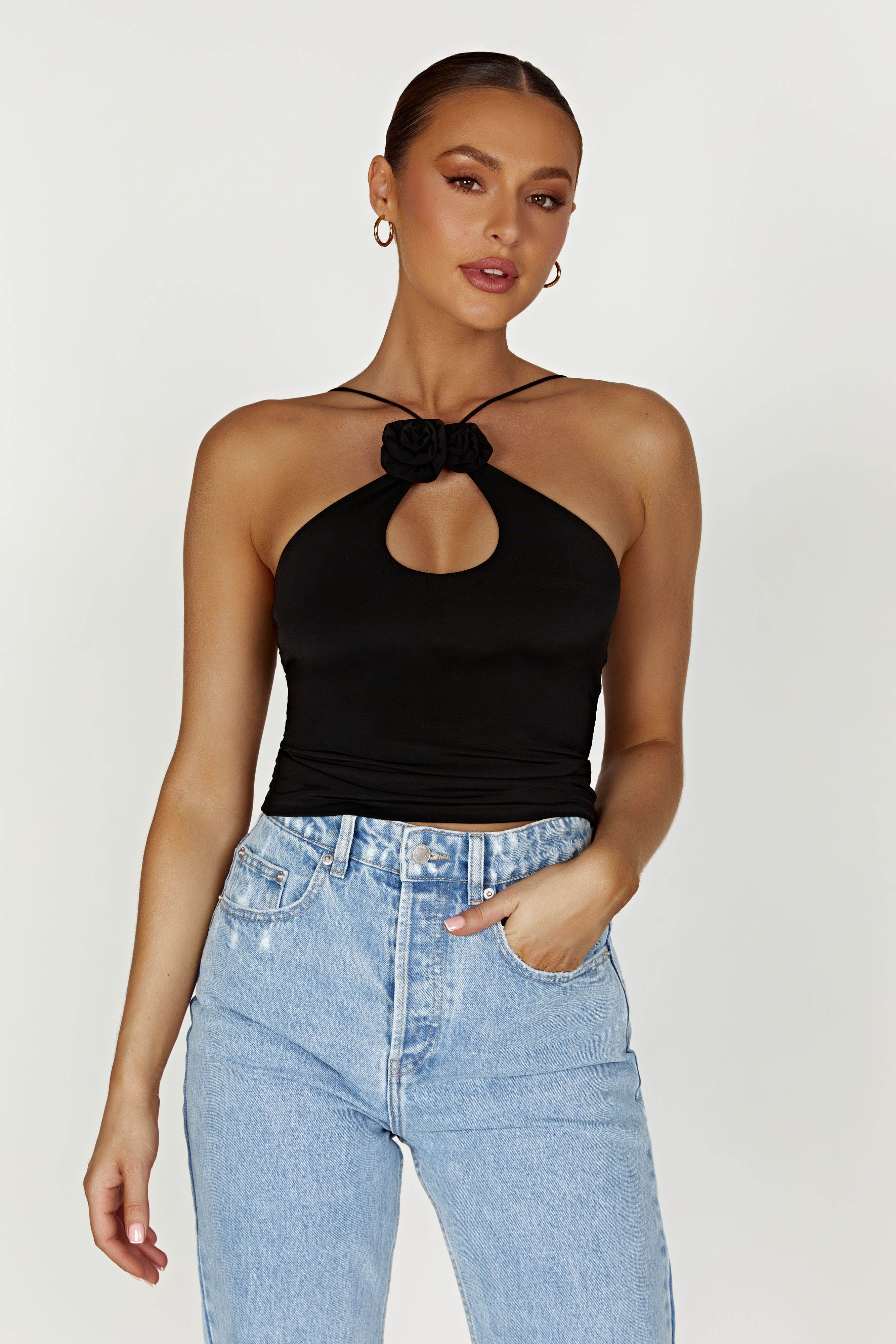 MESHKI Adeline Rose Halter Top - Black
