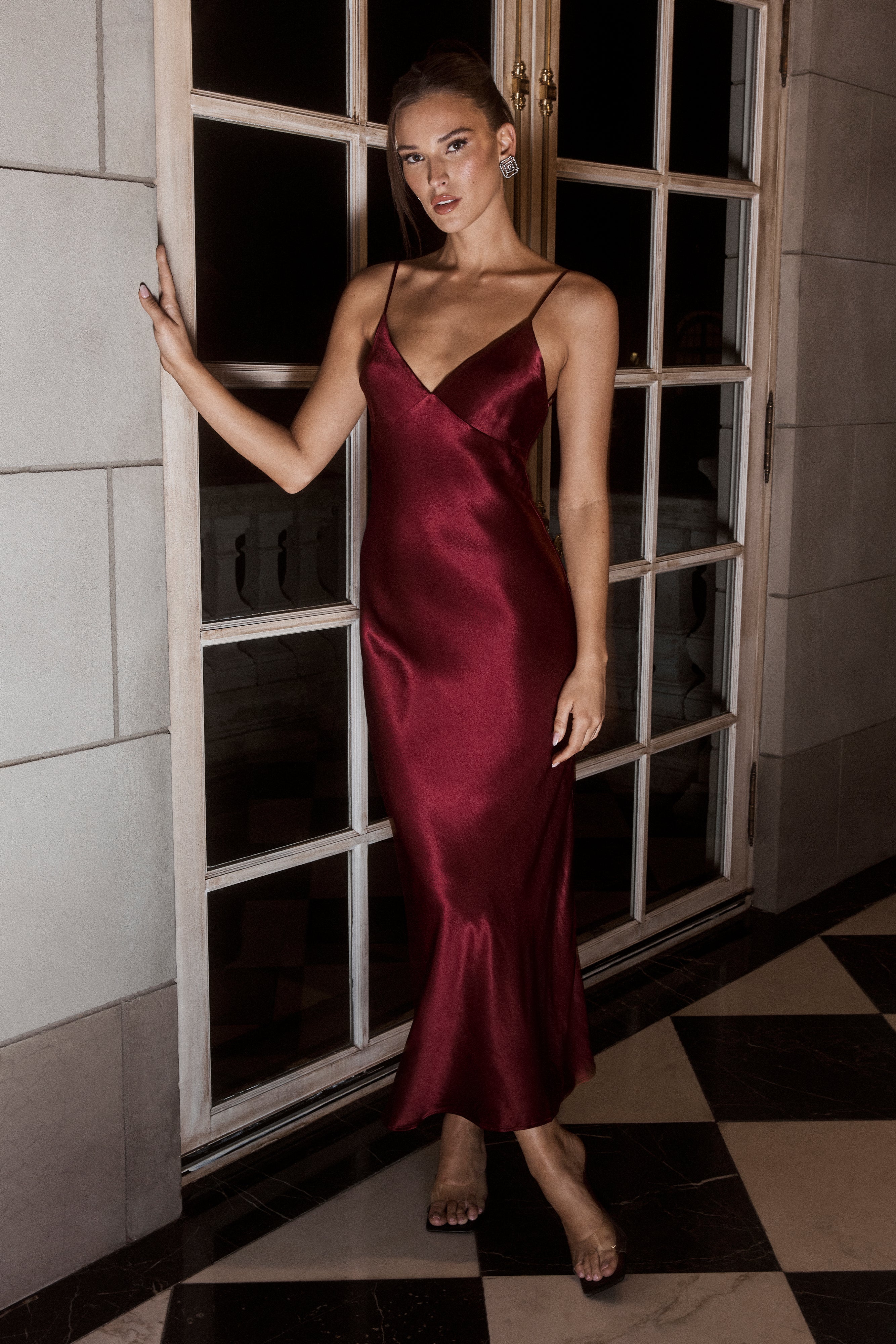 MESHKI Valentine's Day Satin Chiffon Midi Dress - Berry