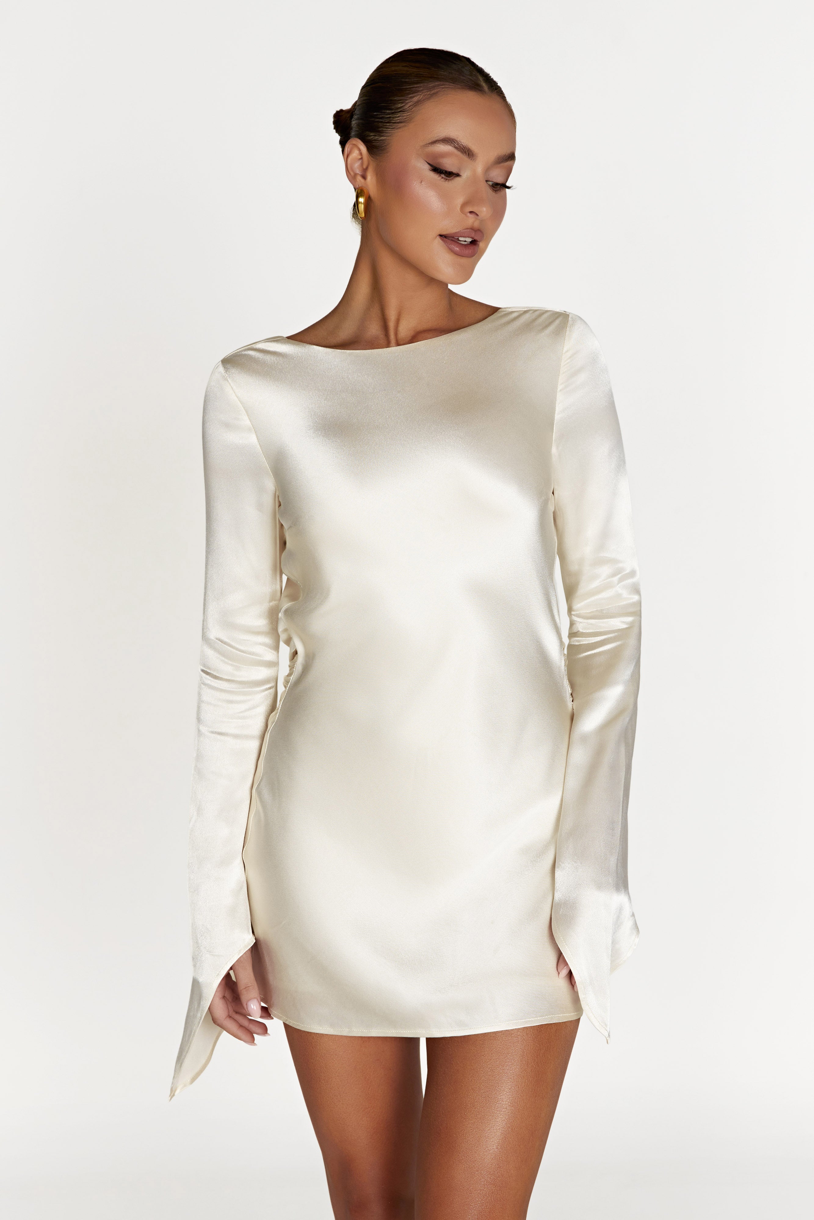 MESHKI Davina Satin Long Sleeve Mini Dress - Ivory