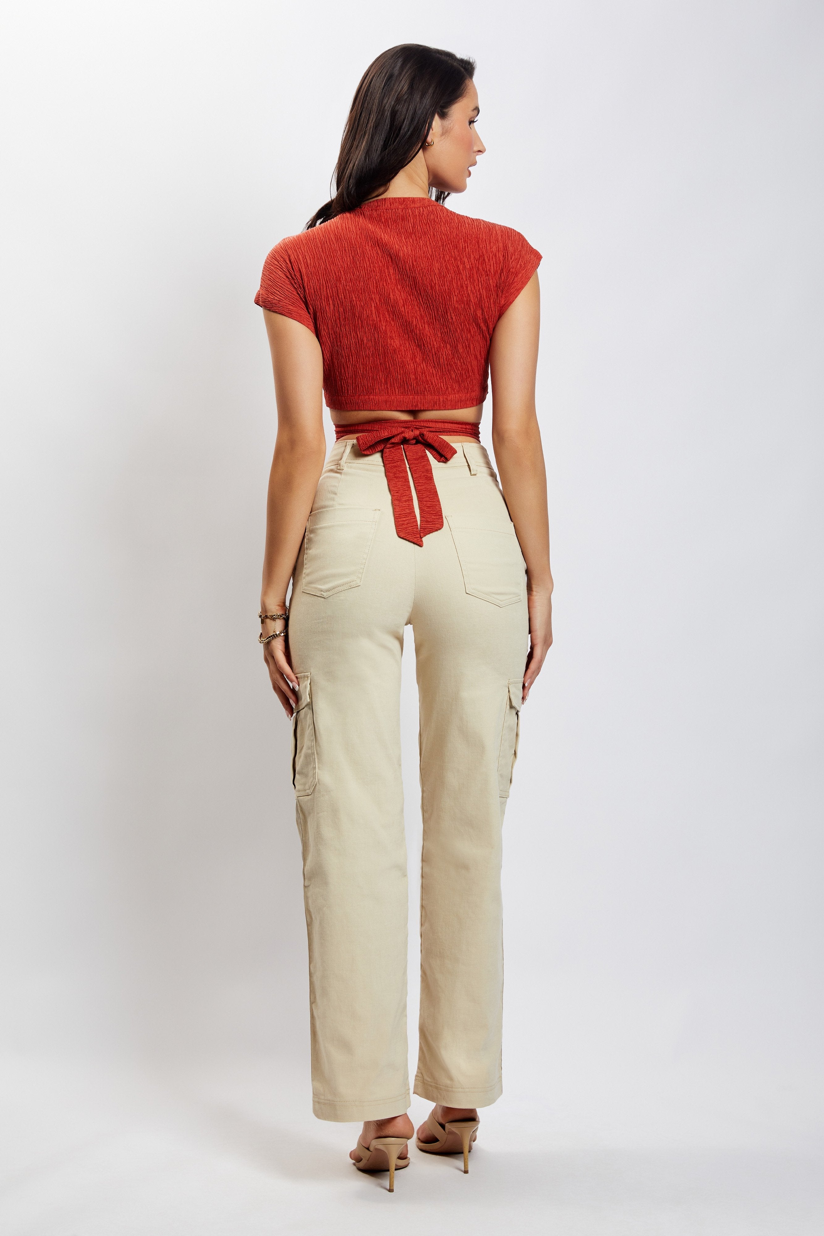 MESHKI Rosa Crinkle Satin Crop Top - Burnt Orange