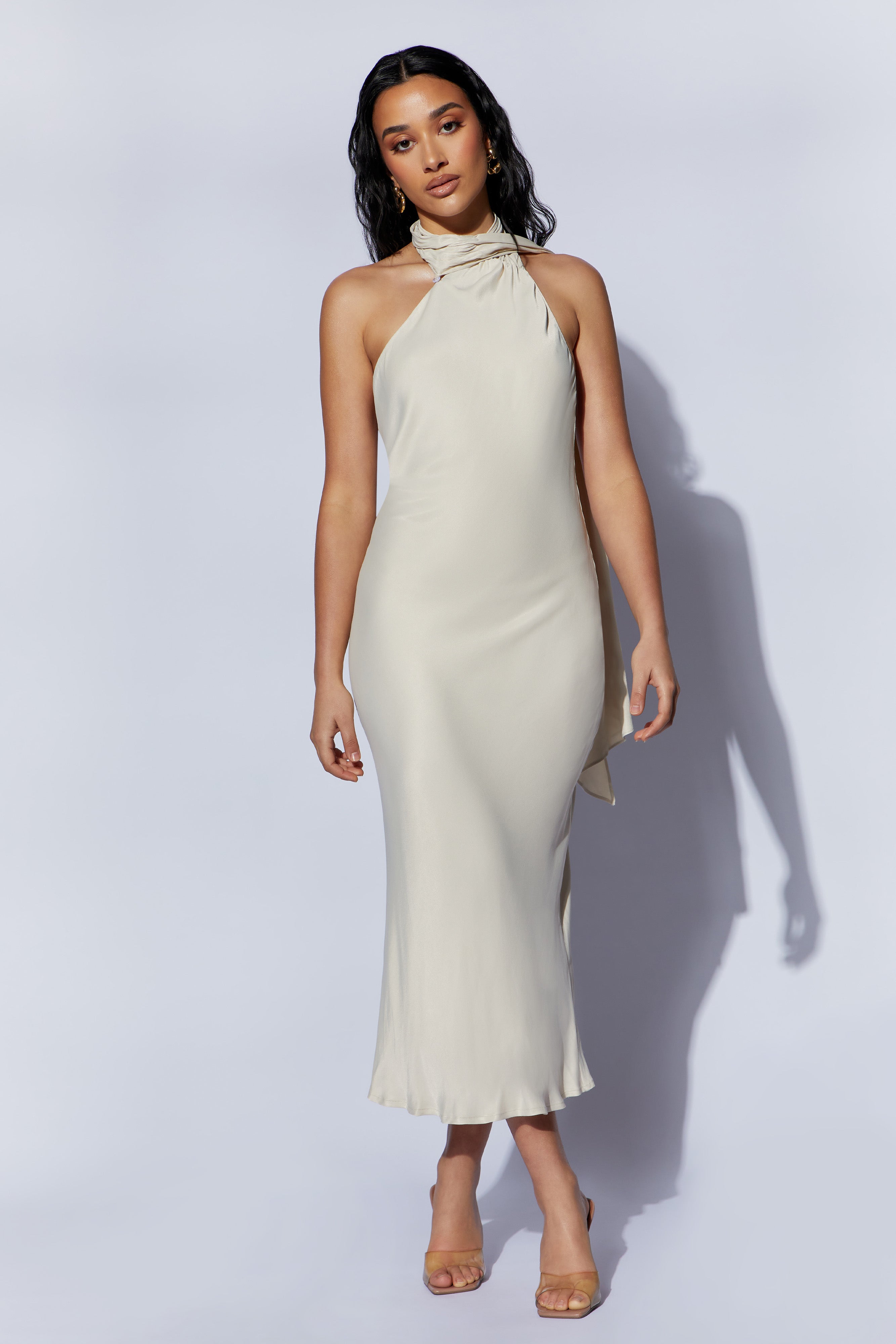 Astrella Neck Wrap Midi A-Line Dress - Wheat - myromanceshops